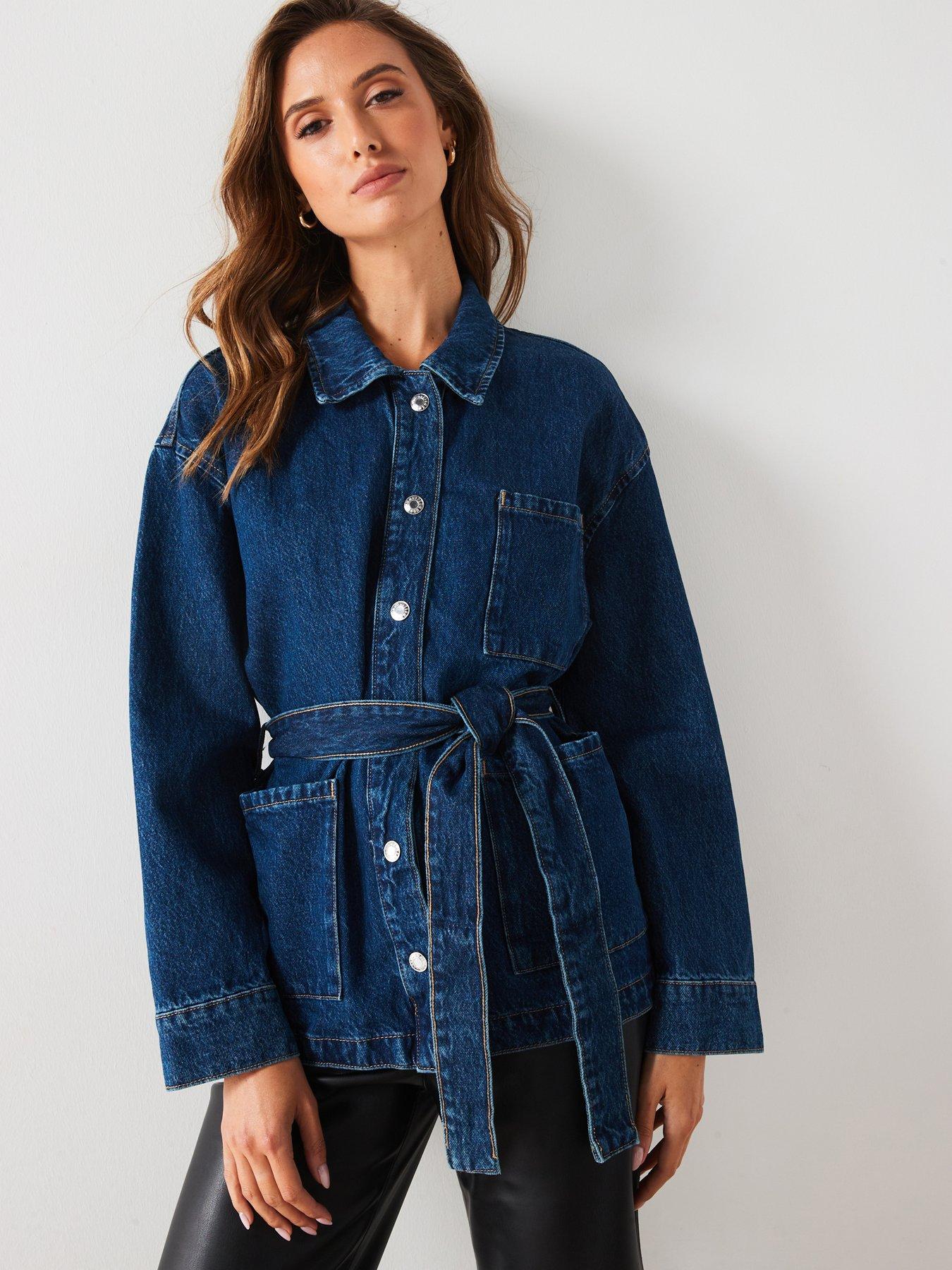 Image 1 of 6 of Mango Belted Denim Jacket - Blue
