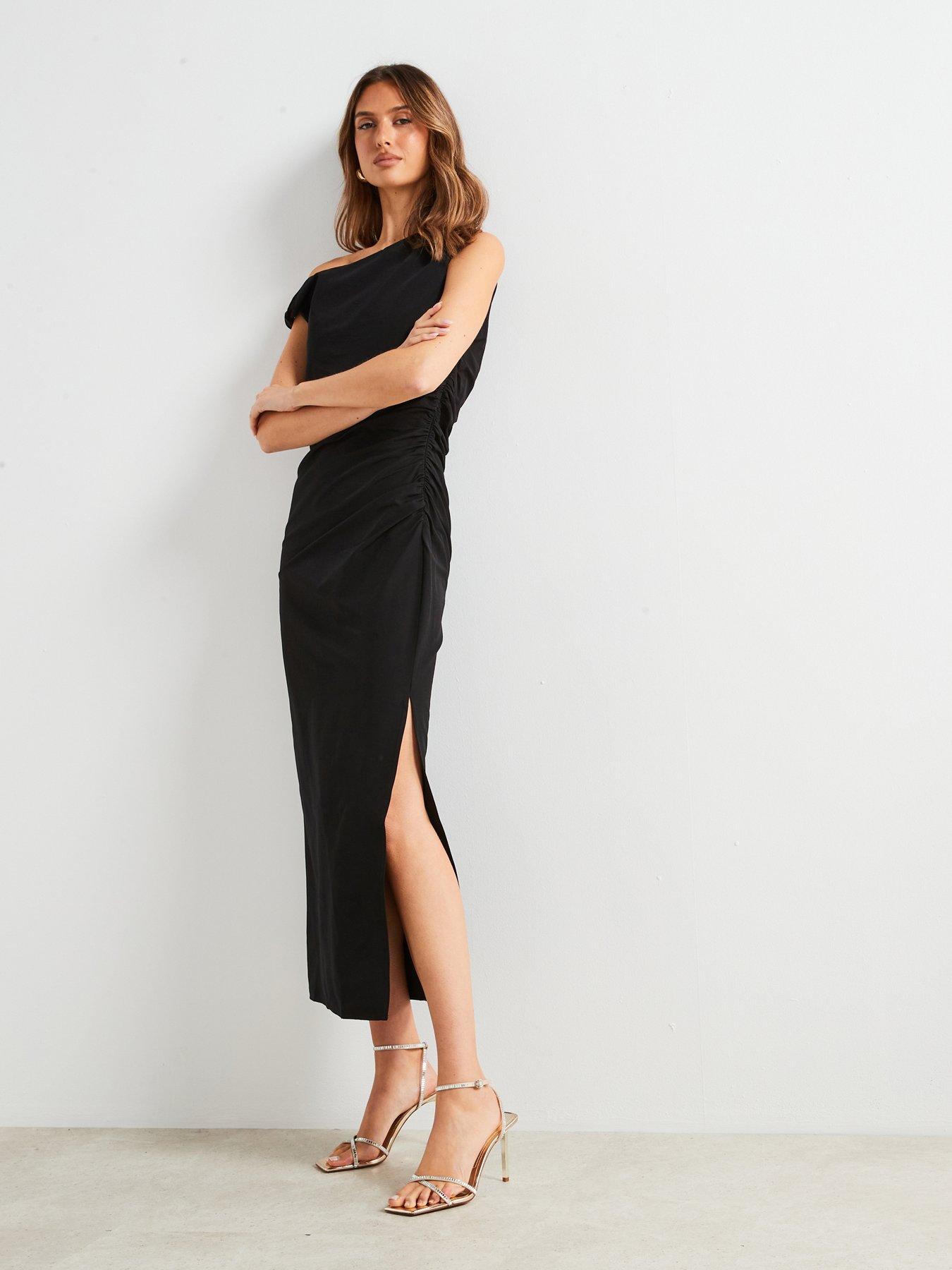 black dress asymmetrical Elegant Kelli One Shoulder Midi Dress in Black main image 0