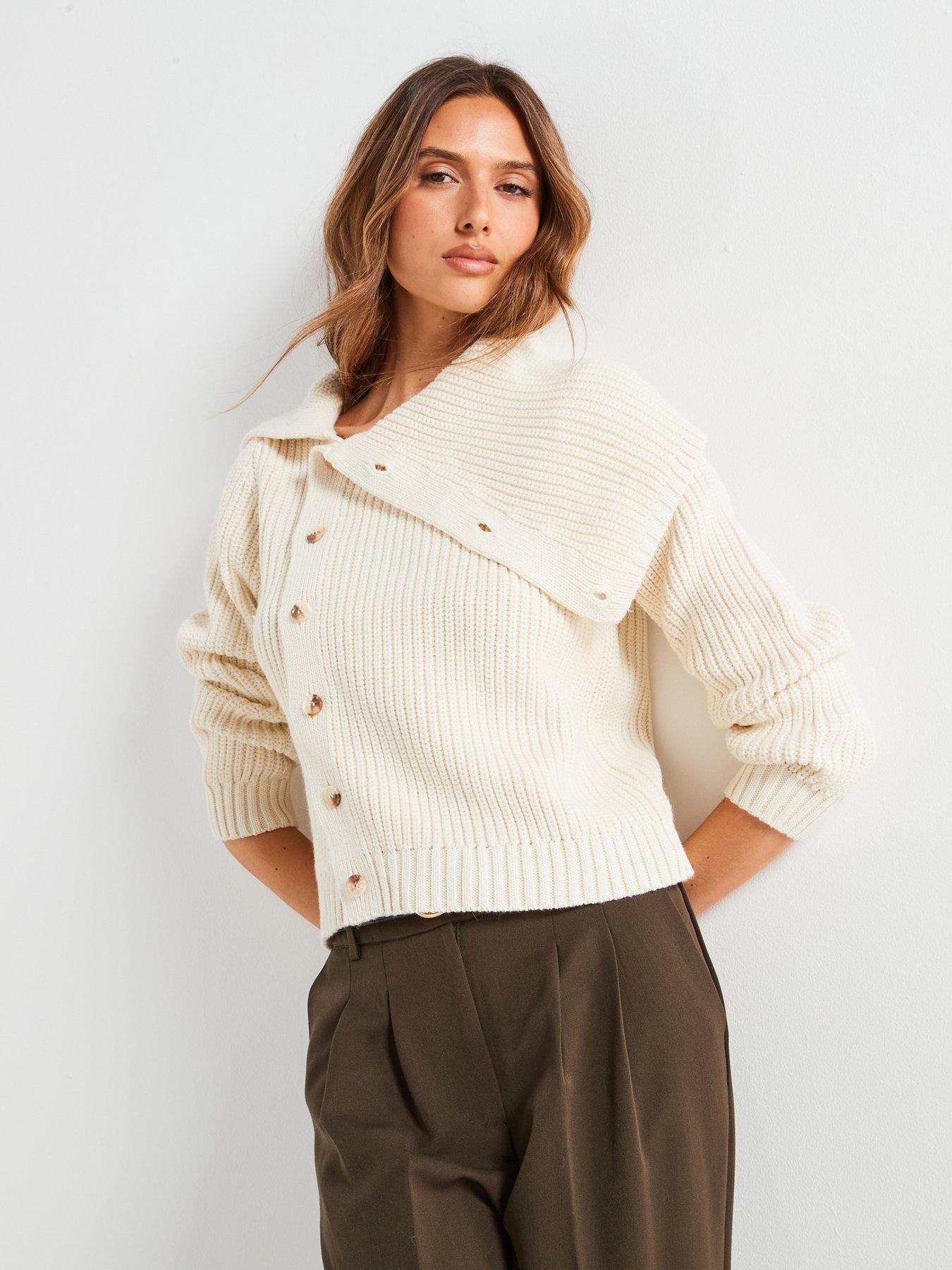 undefined Funnel-Neck Buttoned Sweater - Cream