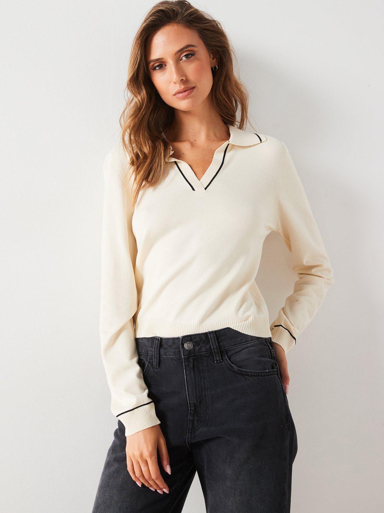 undefined Open Collar Contrast Jumper - Cream