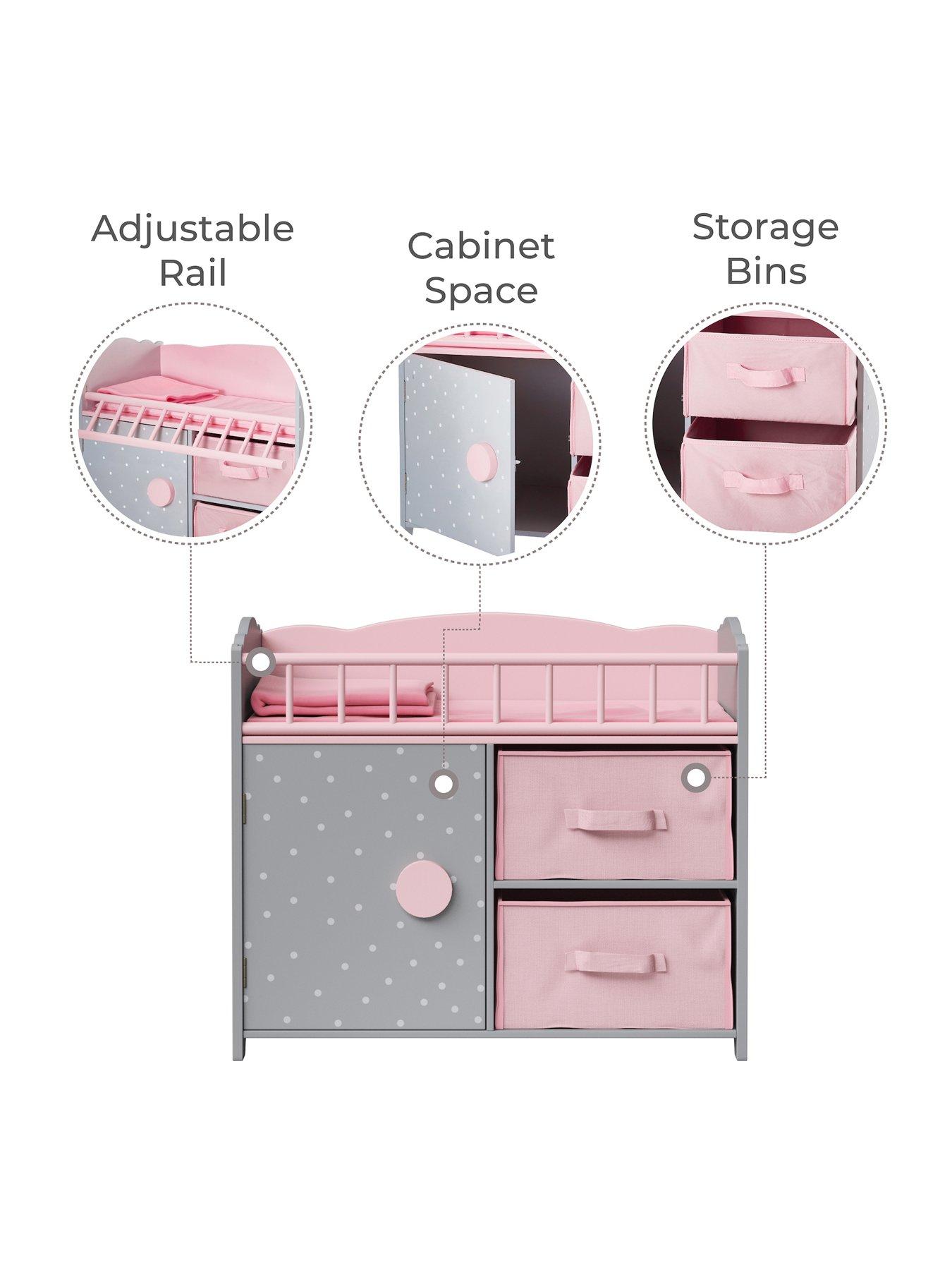  image of teamson-kids-polka-dots-princess-baby-doll-crib-with-cabinet-and-cubby