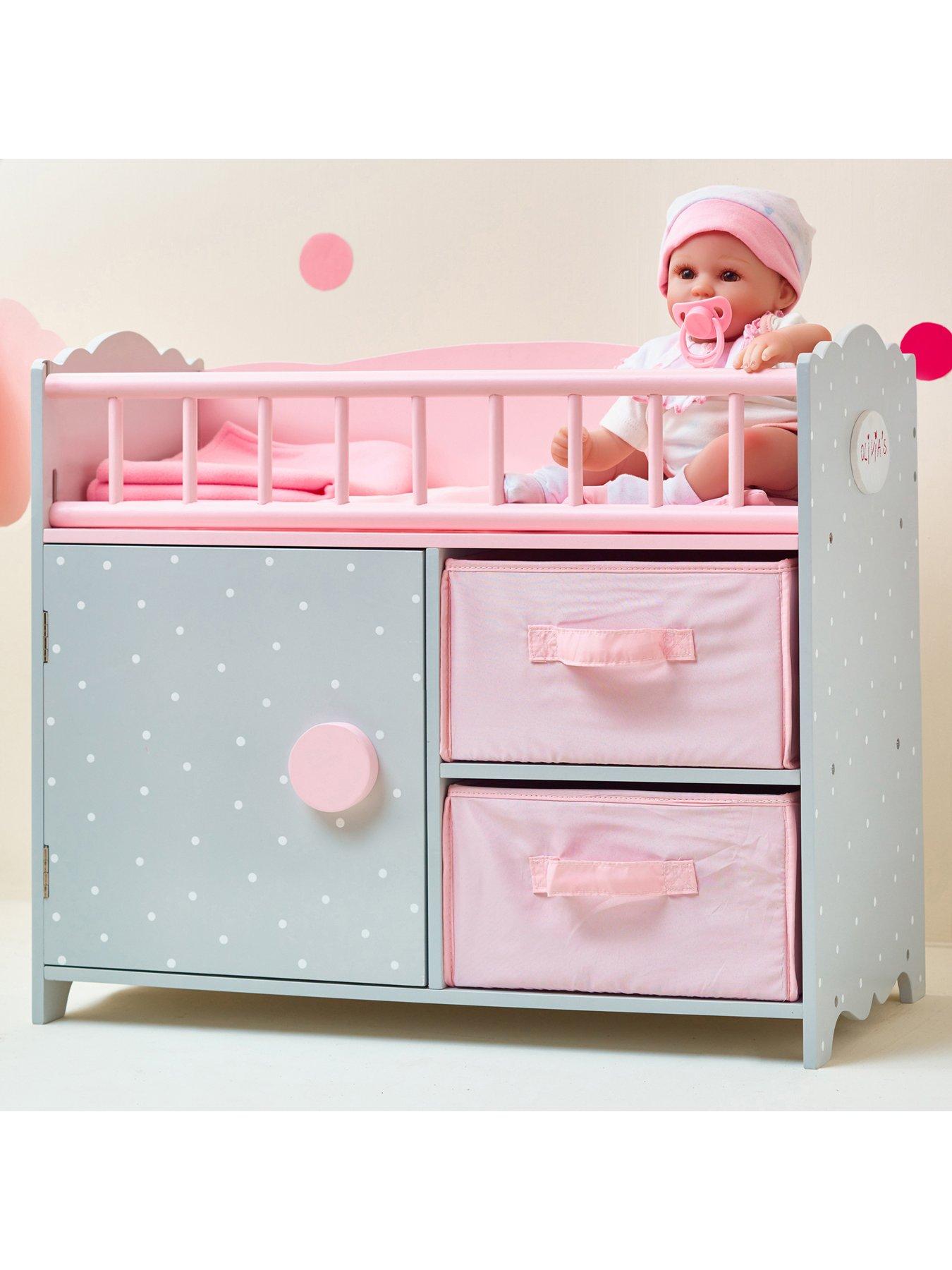  image of teamson-kids-polka-dots-princess-baby-doll-crib-with-cabinet-and-cubby