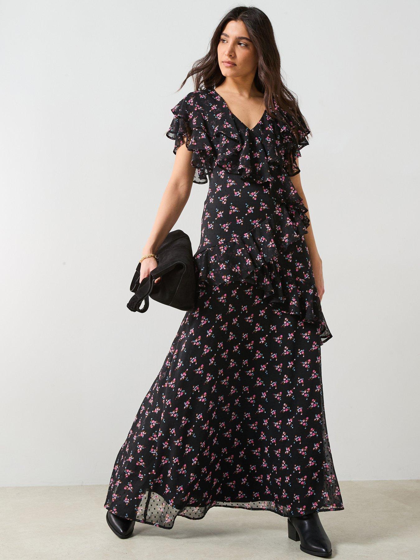 undefined Floral Printed Ruffle Midaxi Dress - Black