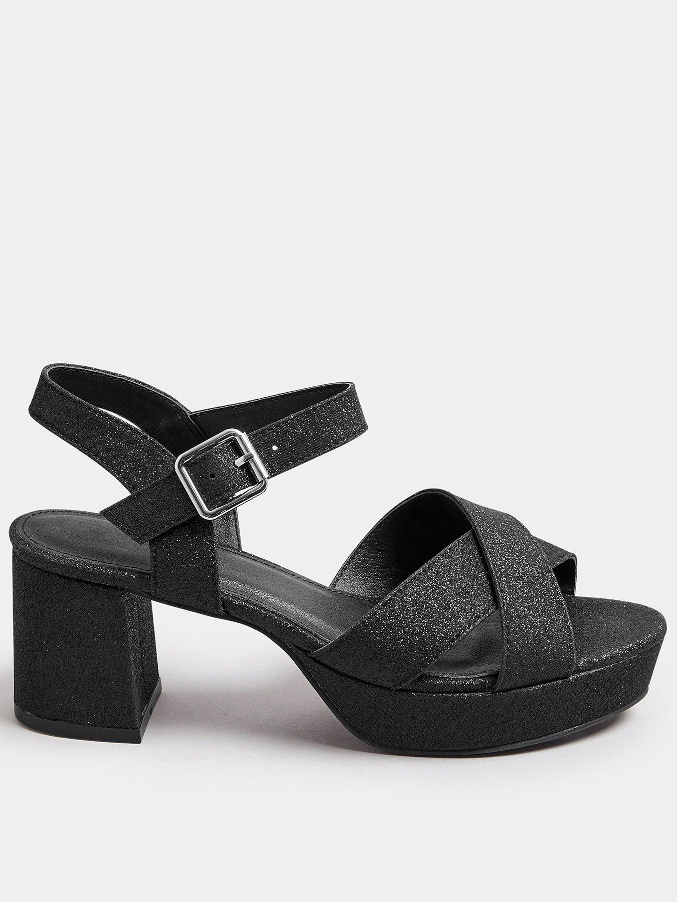 Yours Extra Wide Fit Glitter Cross Over Strap Heels - Black