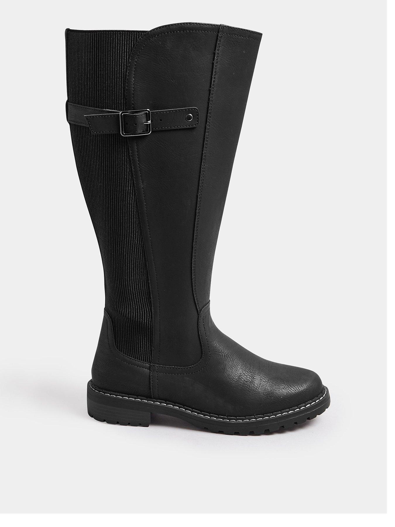 Yours Faux Leather Stretch Knee High Boots In Extra Wide EEE Fit - Black