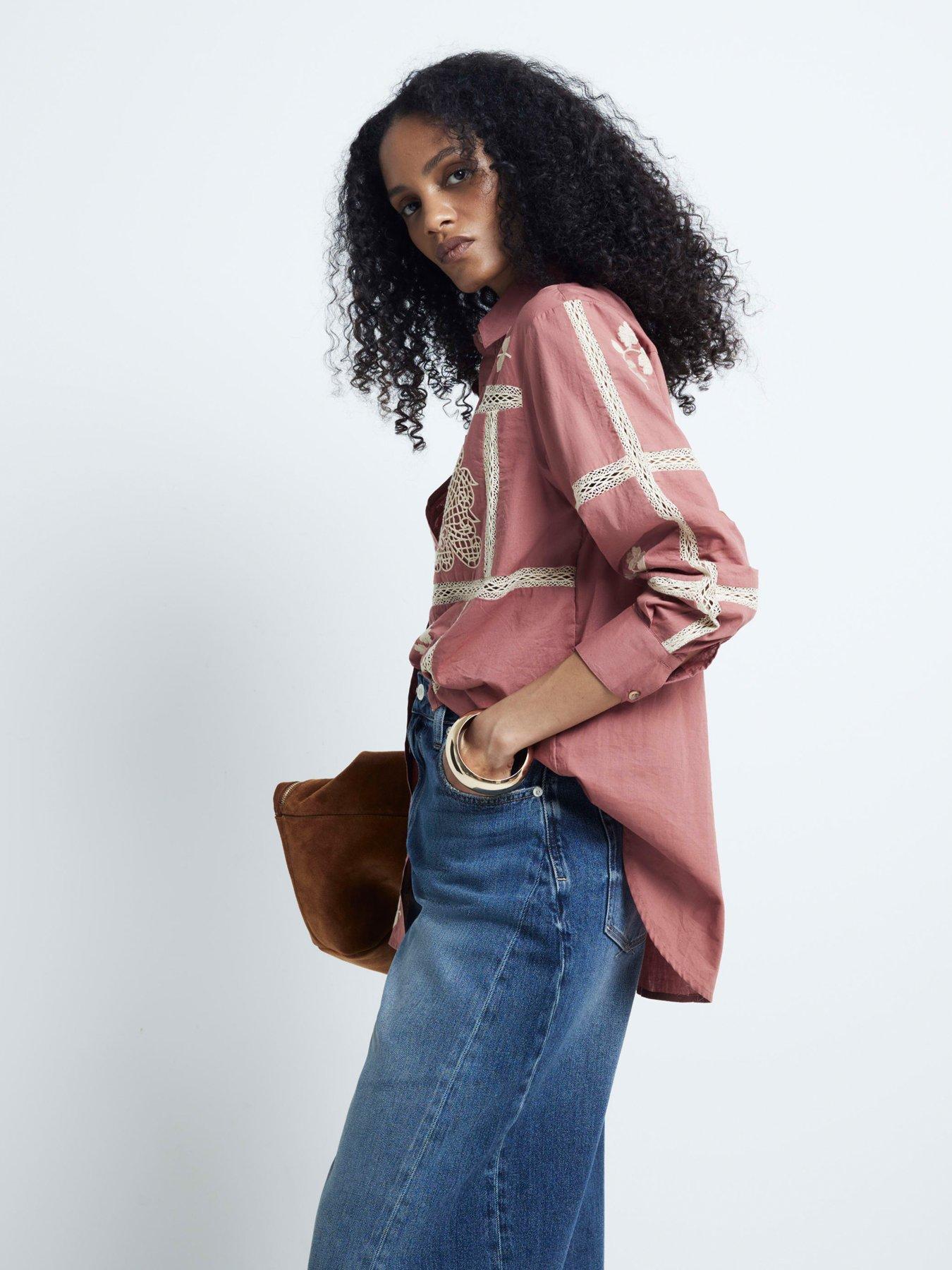 Original Design Sweet Pink Lace Patchwork Shirt Flare Sleeve