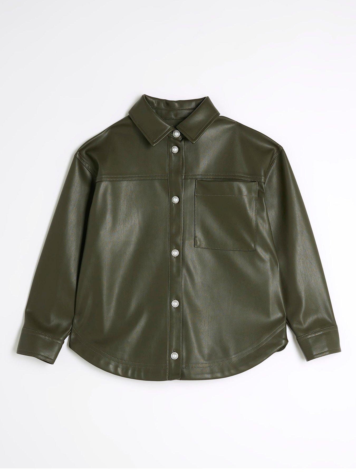 Image 1 of 4 of River Island Older Girl Faux Leather Overshirt - Khaki