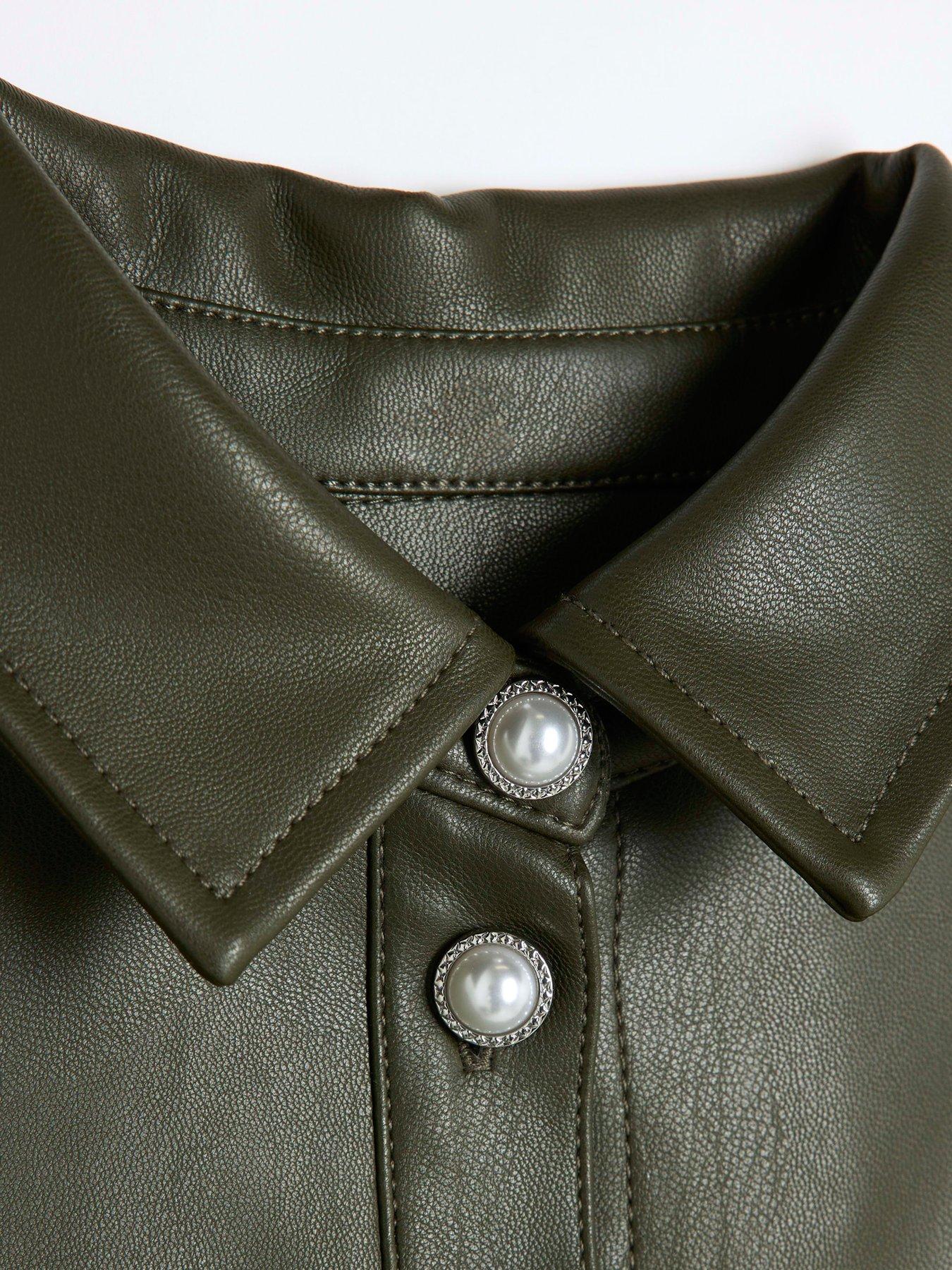 Image 4 of 4 of River Island Older Girl Faux Leather Overshirt - Khaki