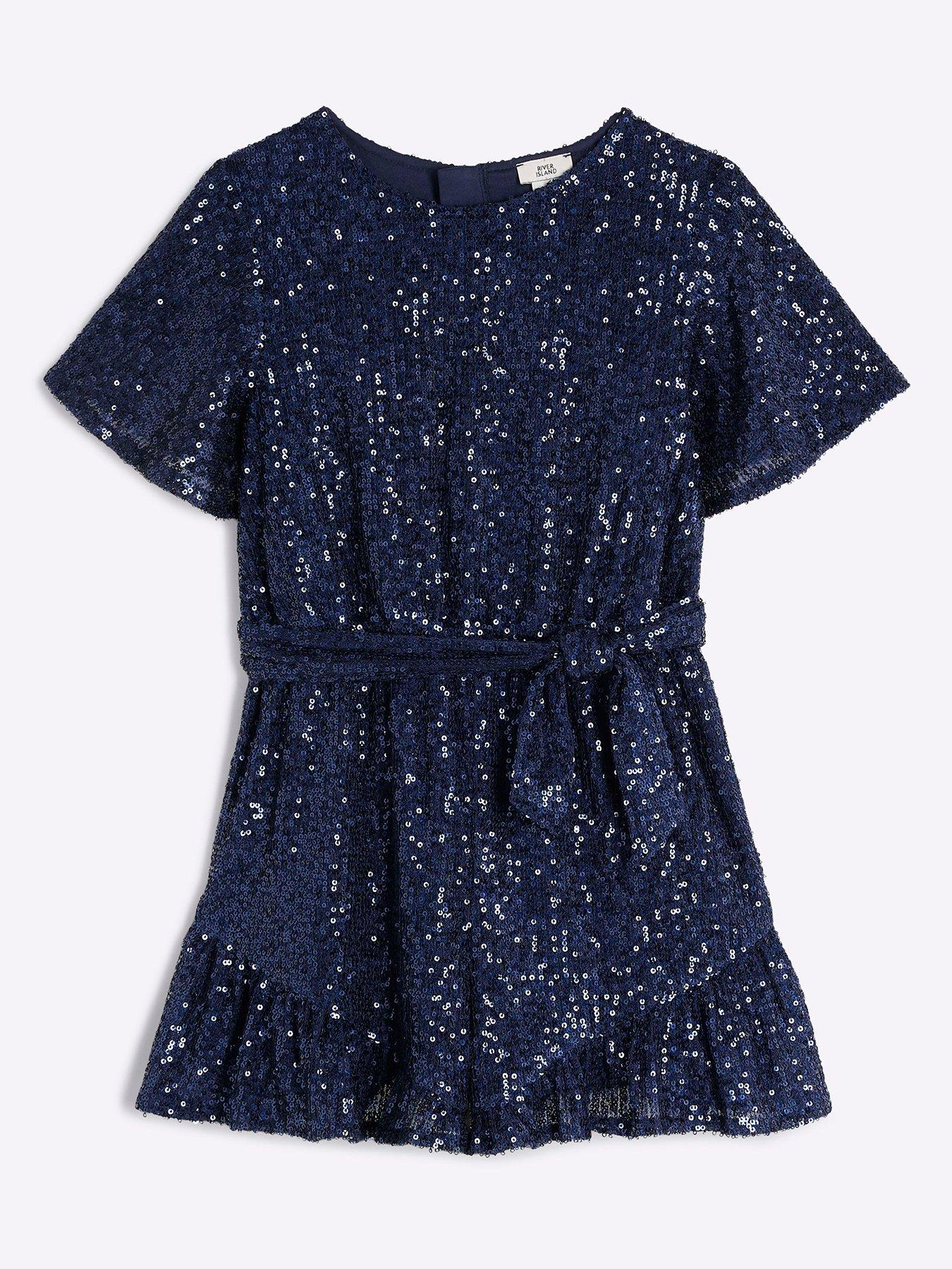River Island Girls Sequin Belted Party Playsuit Navy Very