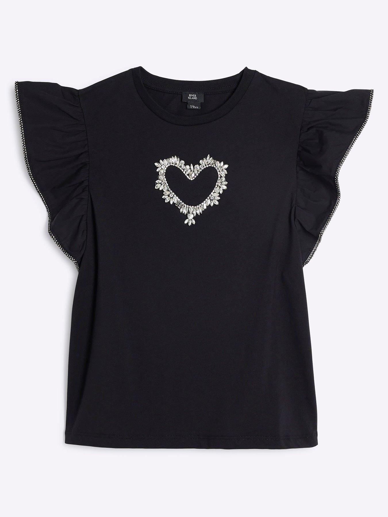 undefined Girls Heart Frill Sleeve T-shirt - Black