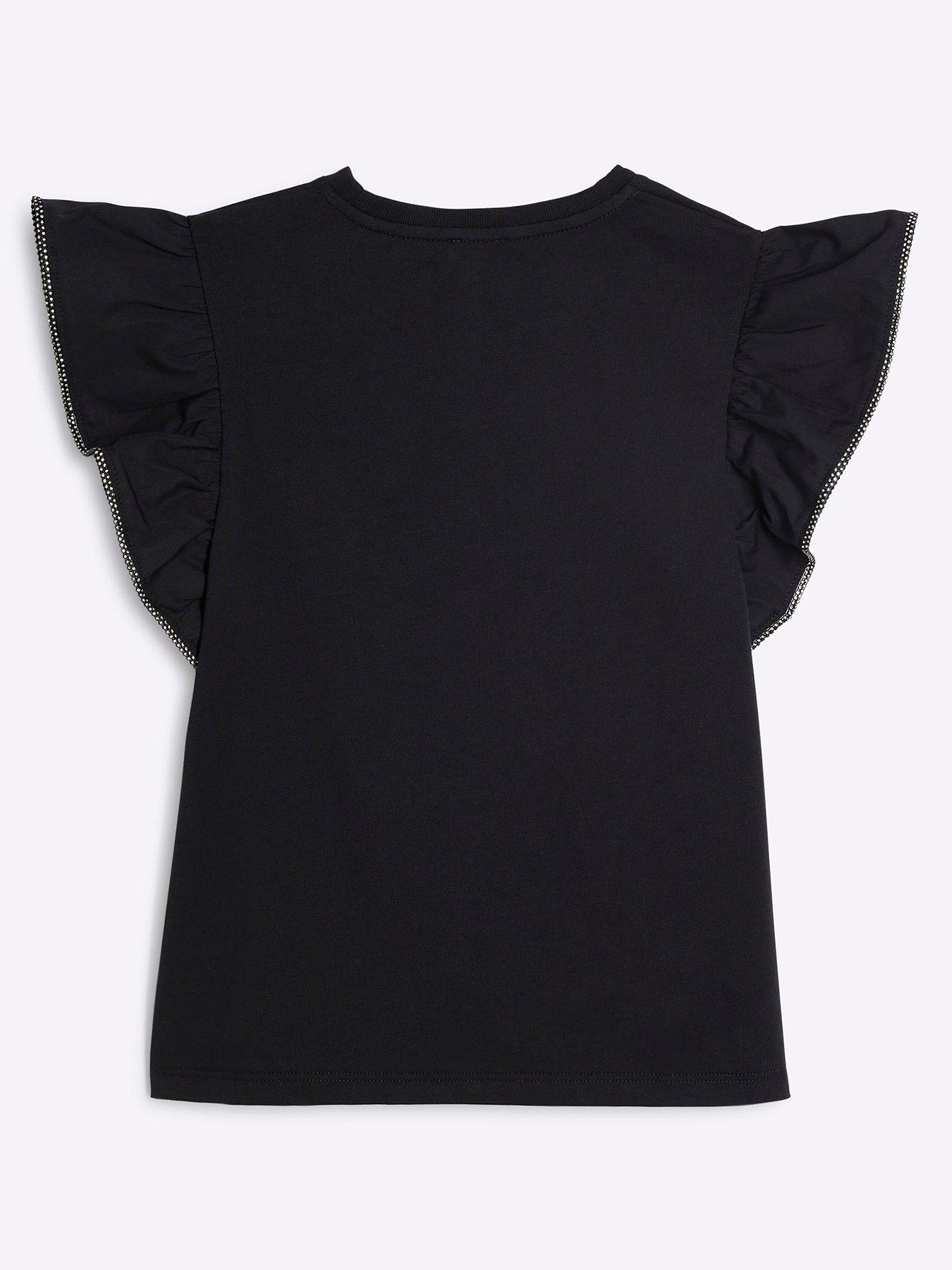 Image 2 of 4 of River Island Girls Heart Frill Sleeve T-shirt - Black