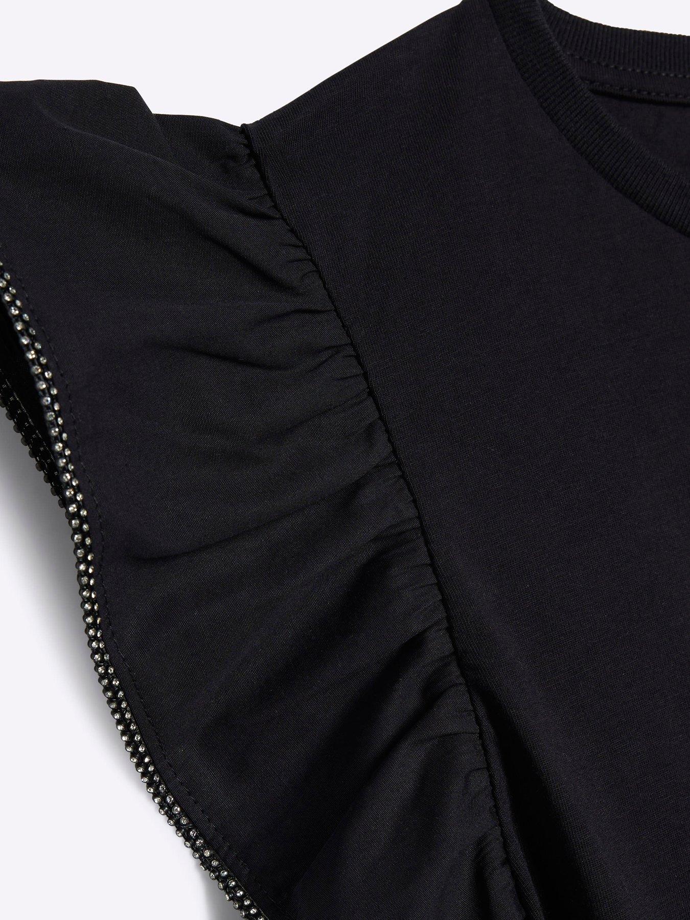 Image 3 of 4 of River Island Girls Heart Frill Sleeve T-shirt - Black