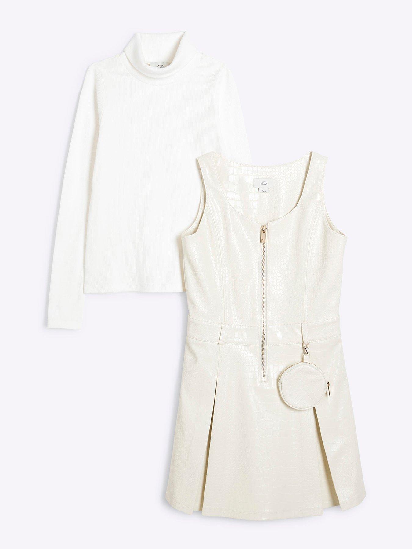 Image 1 of 5 of River Island Older Girl Top And Faux Leather Dress Set - Cream