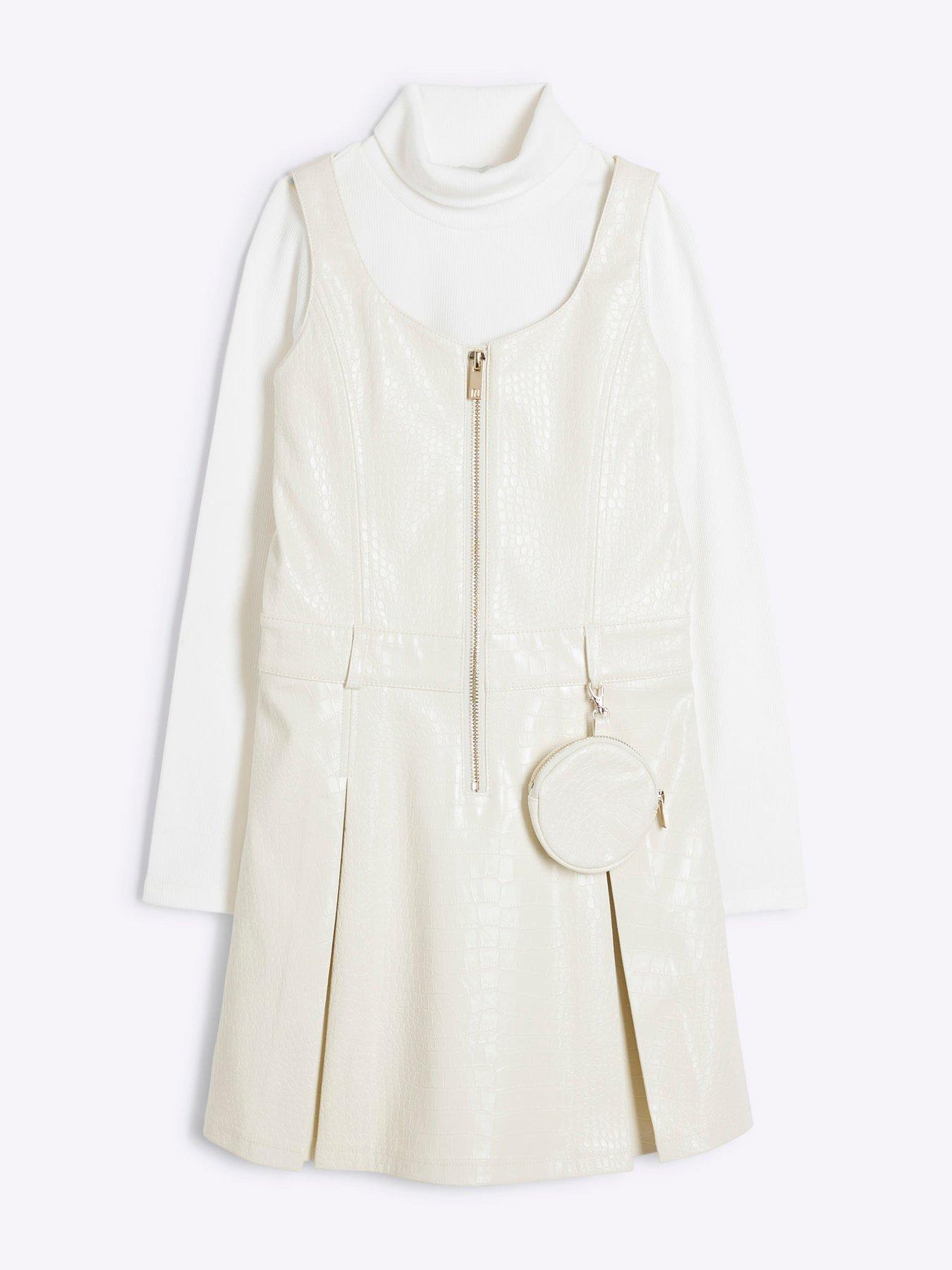 Image 2 of 5 of River Island Older Girl Top And Faux Leather Dress Set - Cream