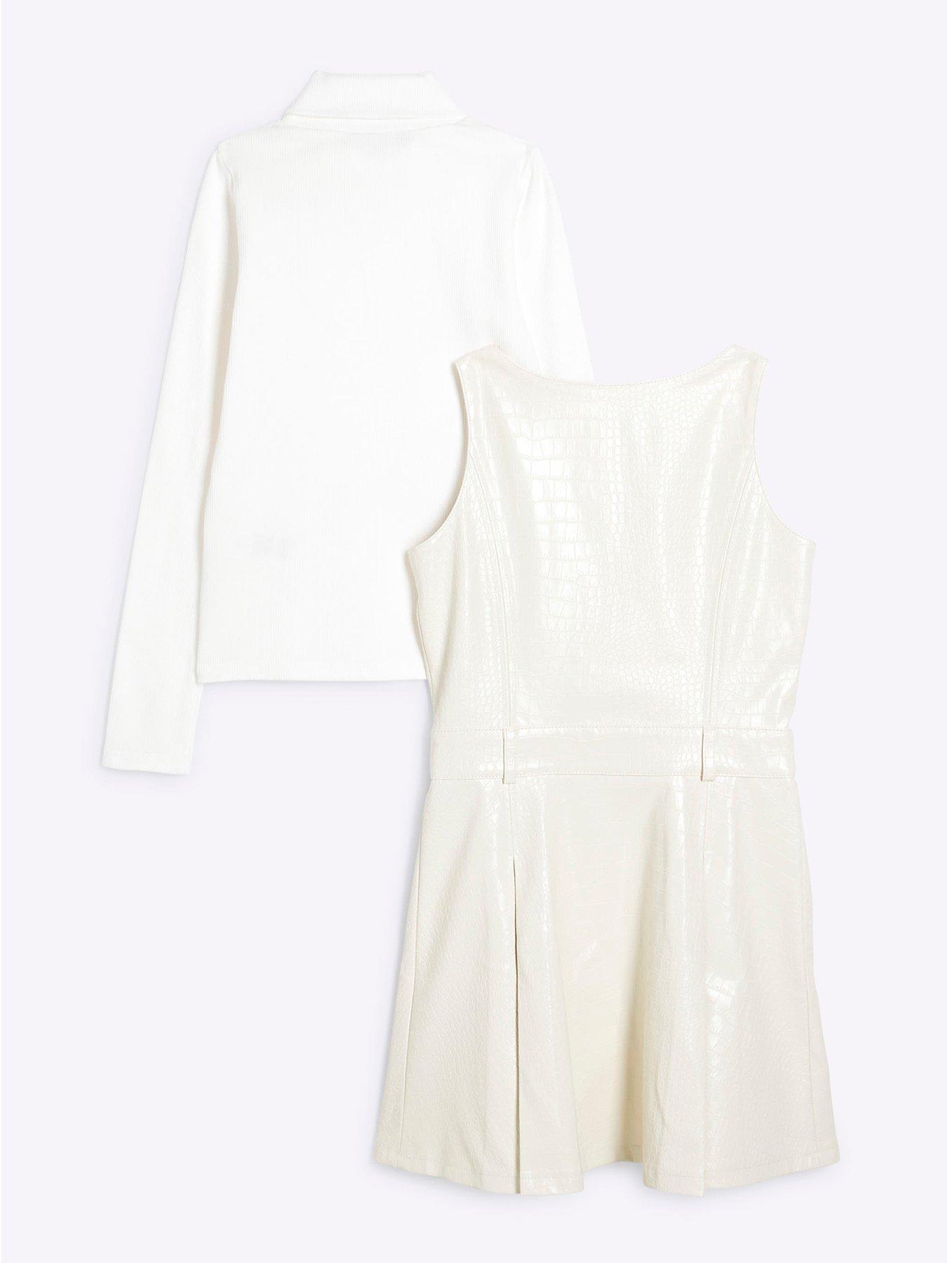Image 3 of 5 of River Island Older Girl Top And Faux Leather Dress Set - Cream