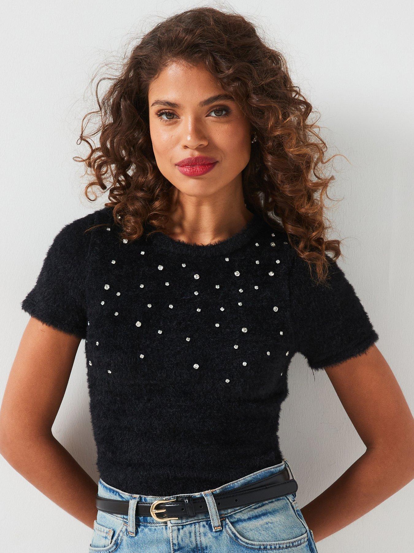 undefined Fluffy Diamante Top - Black