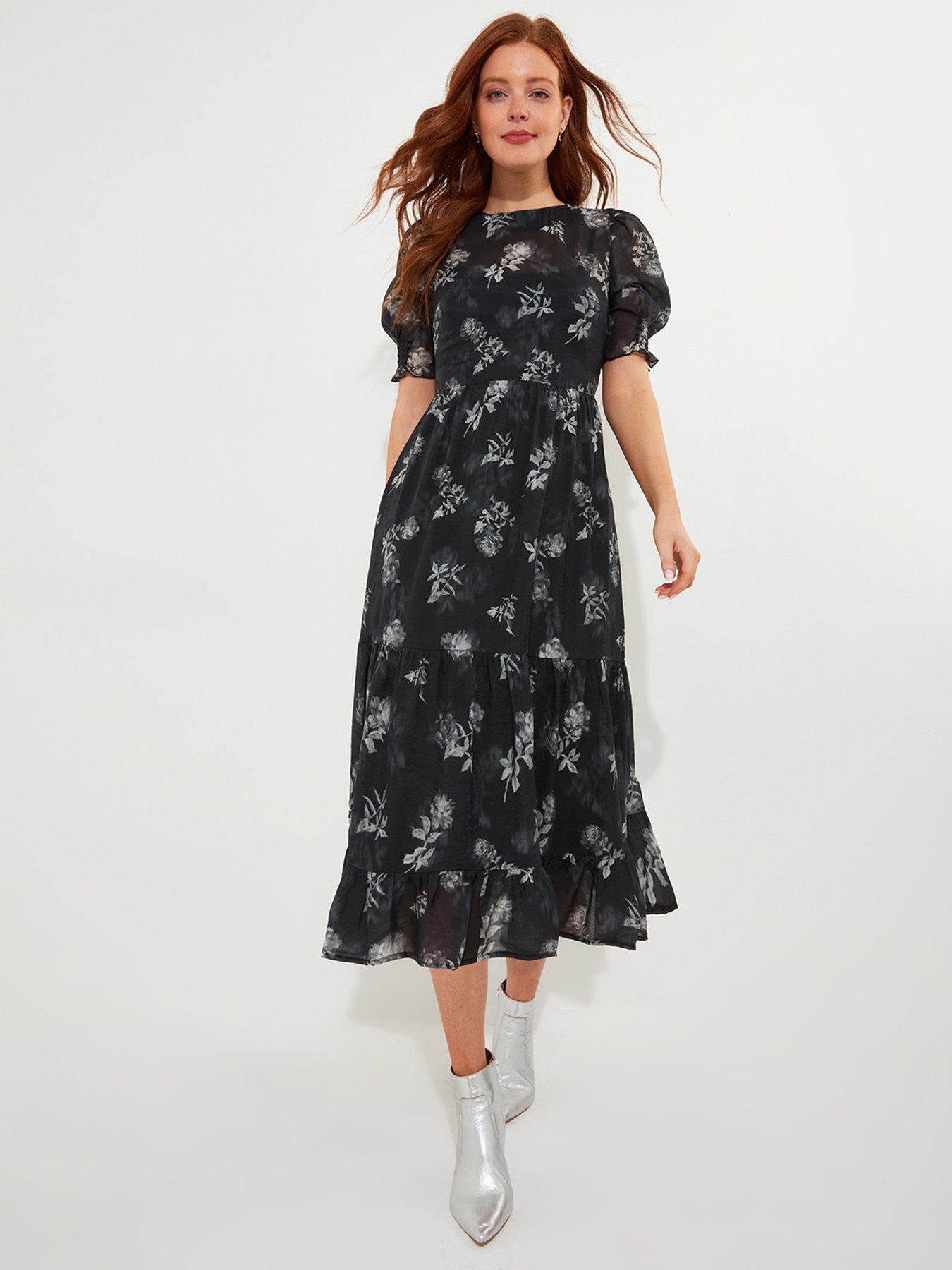 knee length dresses for ladies Black Cotton Long Sleeve Smock Dress