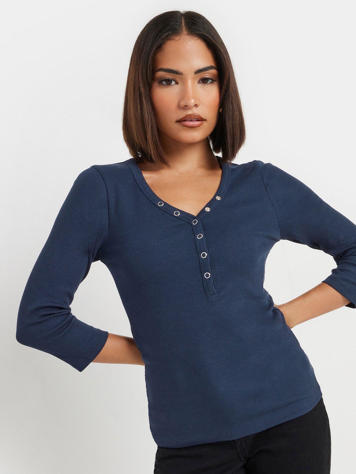 undefined Petite Long Sleeve Henley Top - Blue