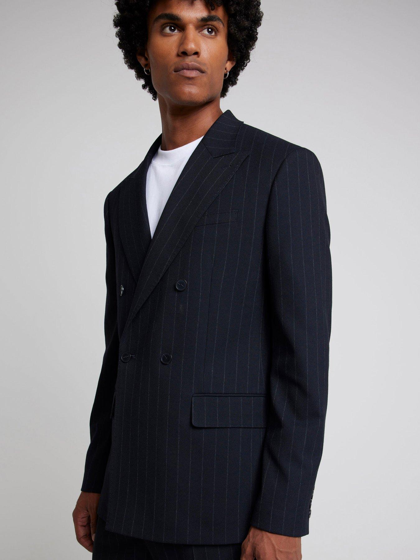 undefined Double Breasted Pinstripe Suit Jacket - Navy