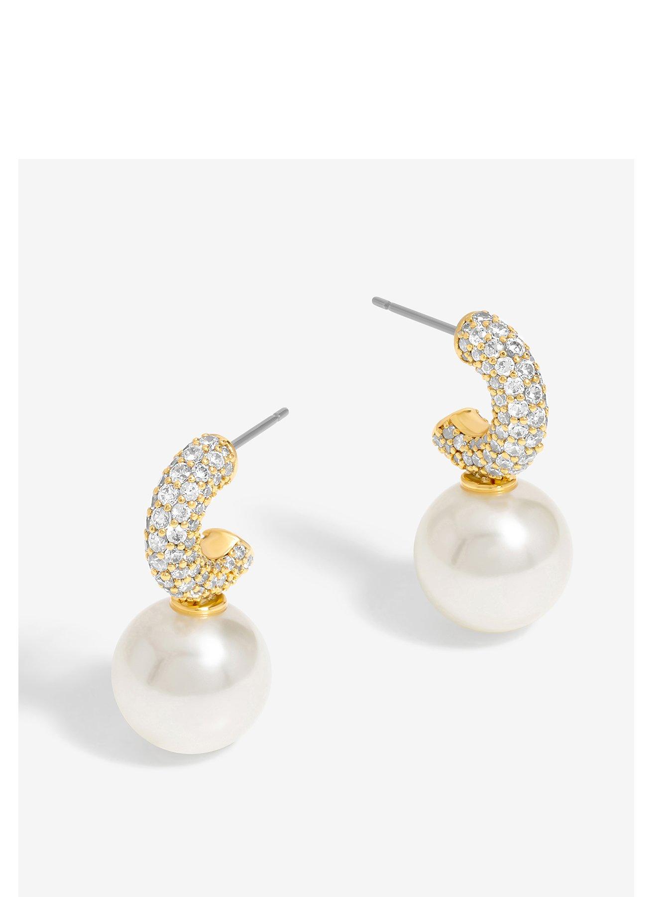 Product photograph of Jon Richard Gold Plated Cubic Zirconia Pearl Huggie Earrings from very.co.uk