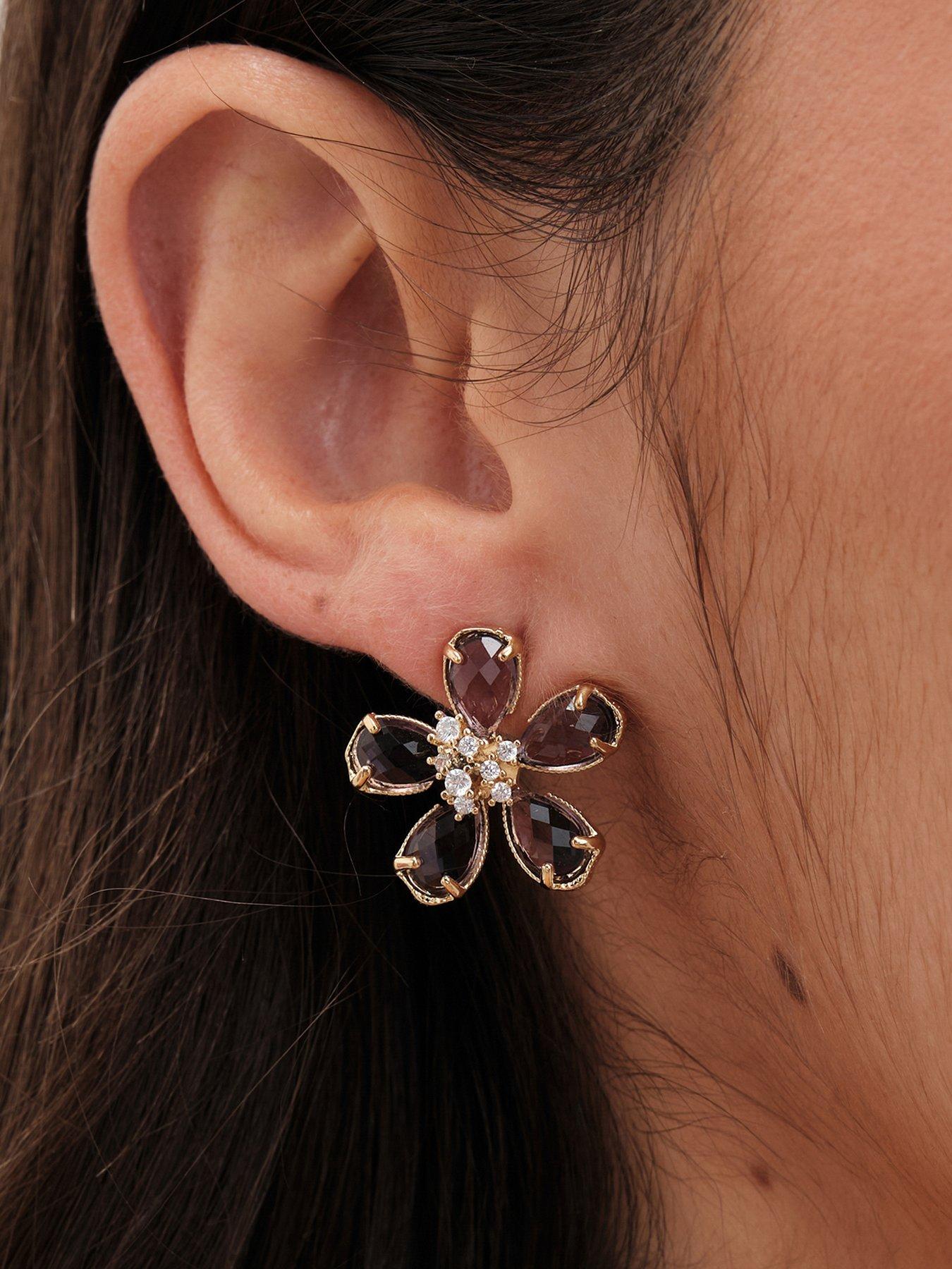 Product photograph of Jon Richard Gold Plated Amethyst Floral Stud Earrings from very.co.uk