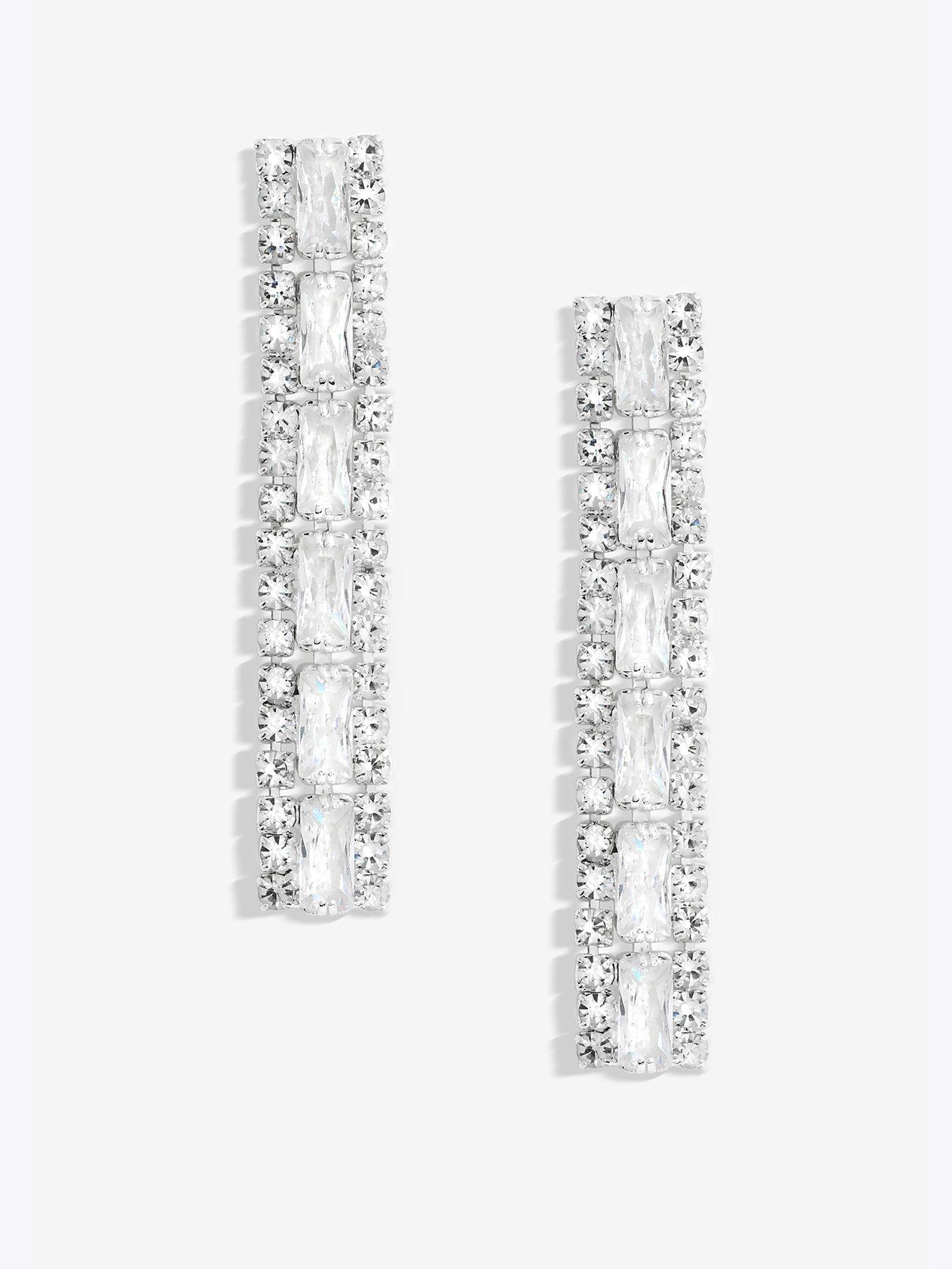 Product photograph of Jon Richard Silver Plated Crystal Baguette Linear Earrings from very.co.uk