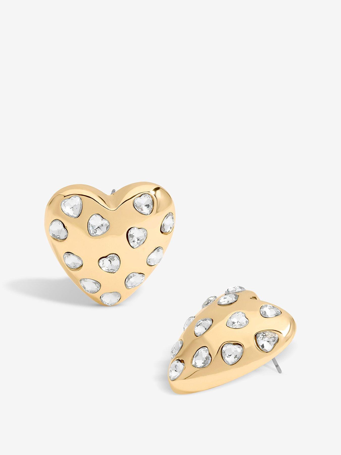 undefined Gold Crystal Puffed Heart Statement Stud Earrings