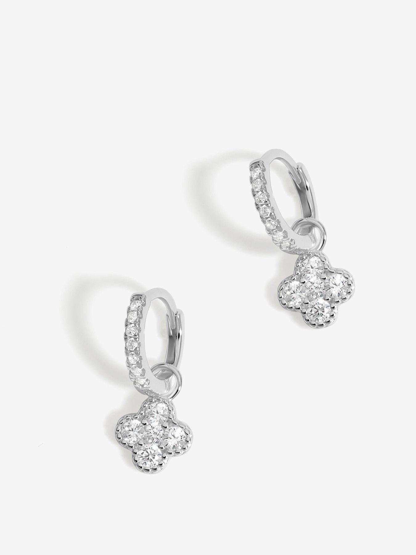Simply Silver Sterling Silver 925 Polished and Cubic Zirconia Pave Clover Charm Hoop Earrings Very