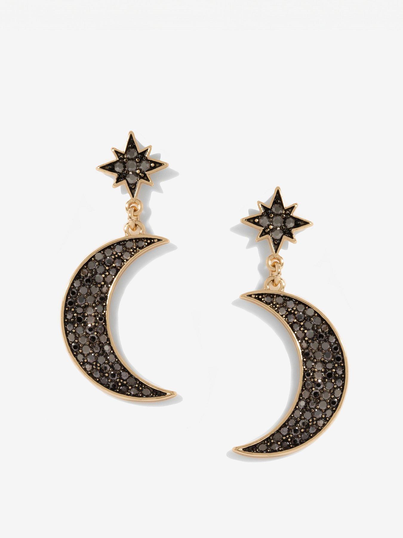 Product photograph of Mood Gold Black Star And Moon Drop Earrings from very.co.uk