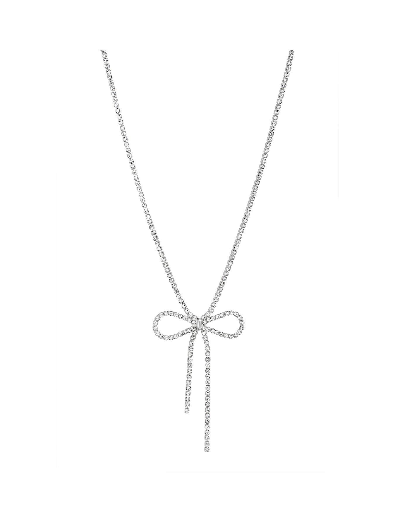 Product photograph of Mood Silver Crystal Bow Short Necklace from very.co.uk