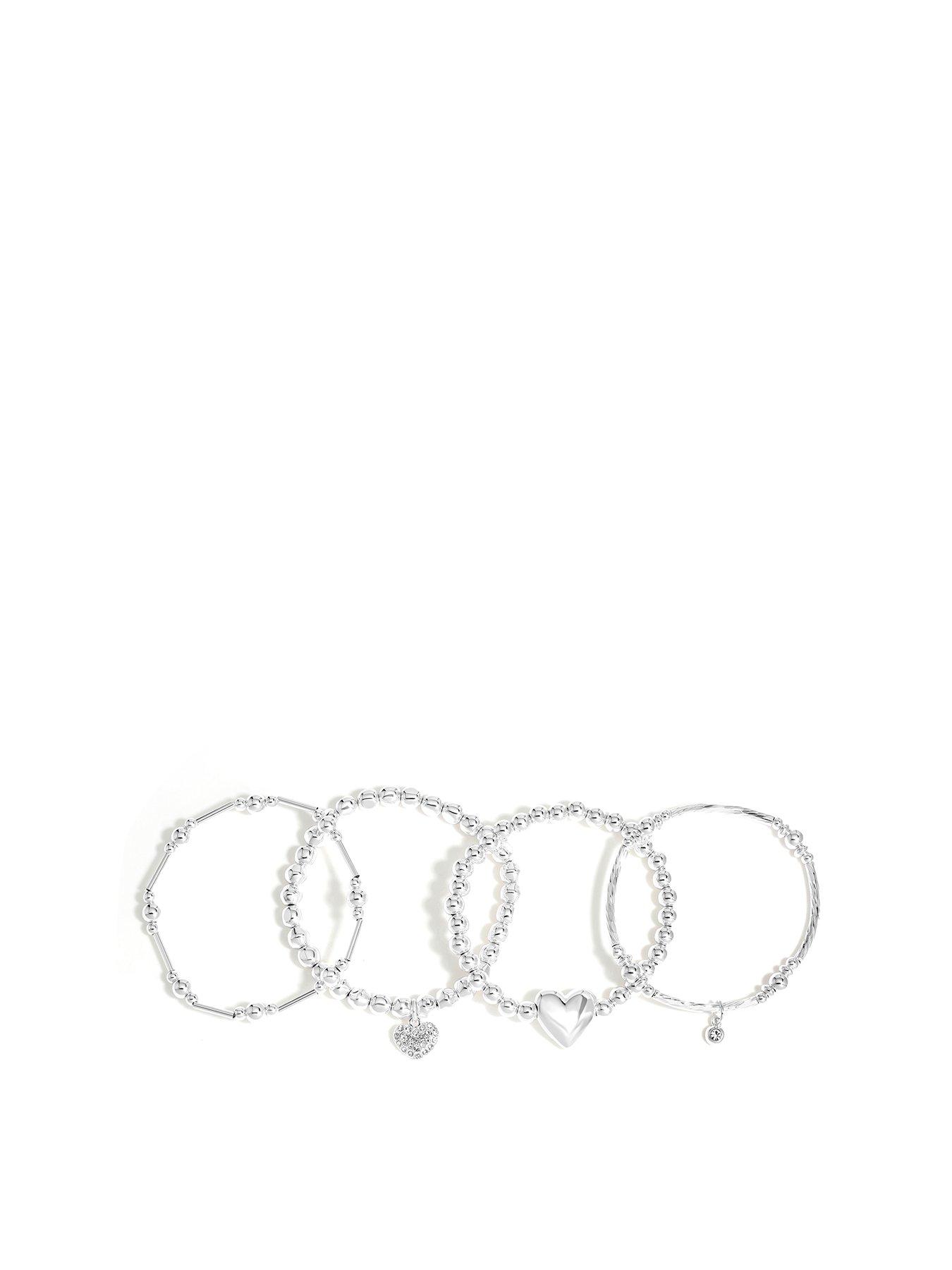 Product photograph of Mood Silver Polished Ball Heart Charm Stretch Bracelets from very.co.uk