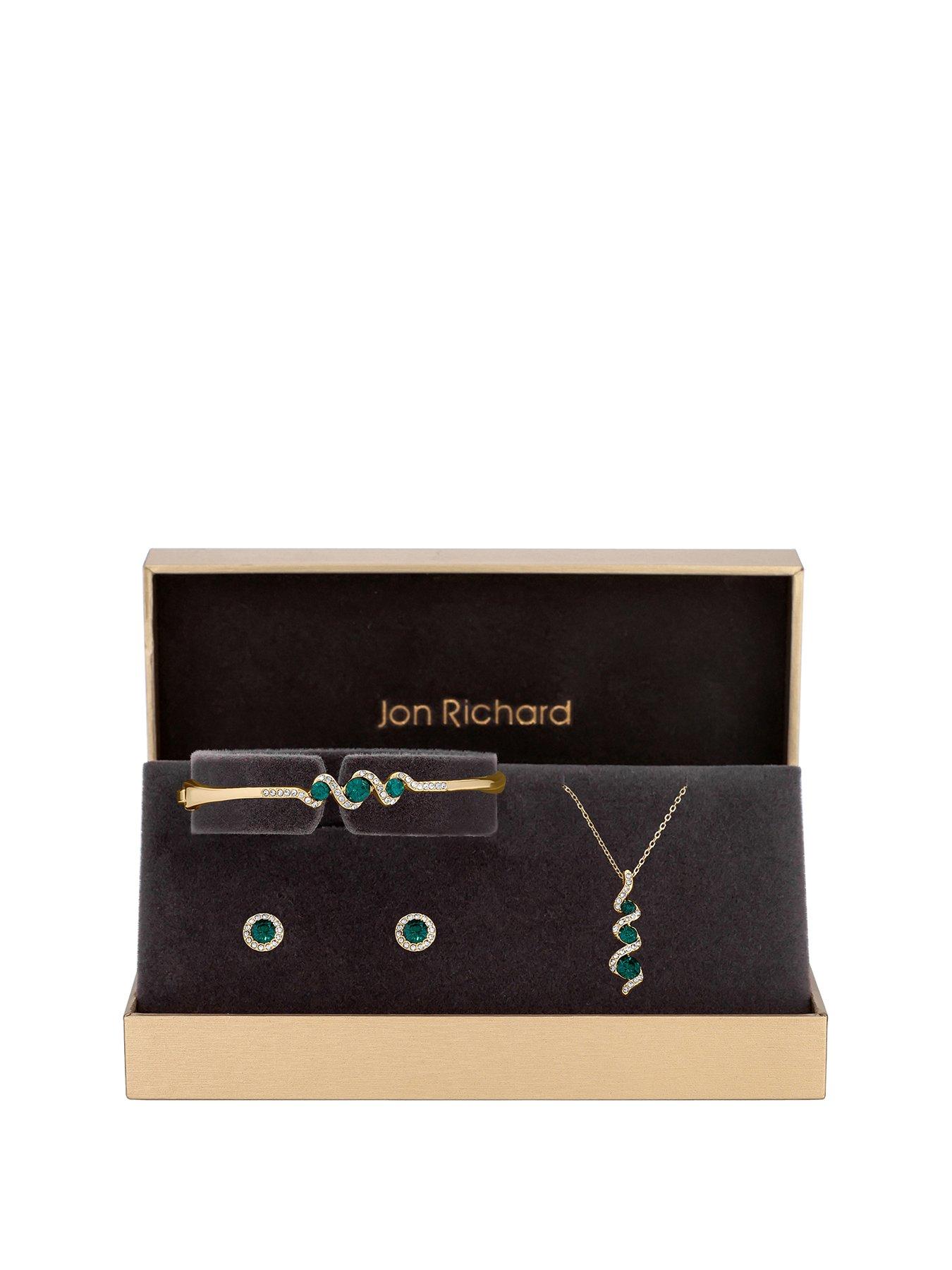 Product photograph of Jon Richard Gold Plated Emerald And Crystal Twist Drop Trio Set - Gift Box from very.co.uk