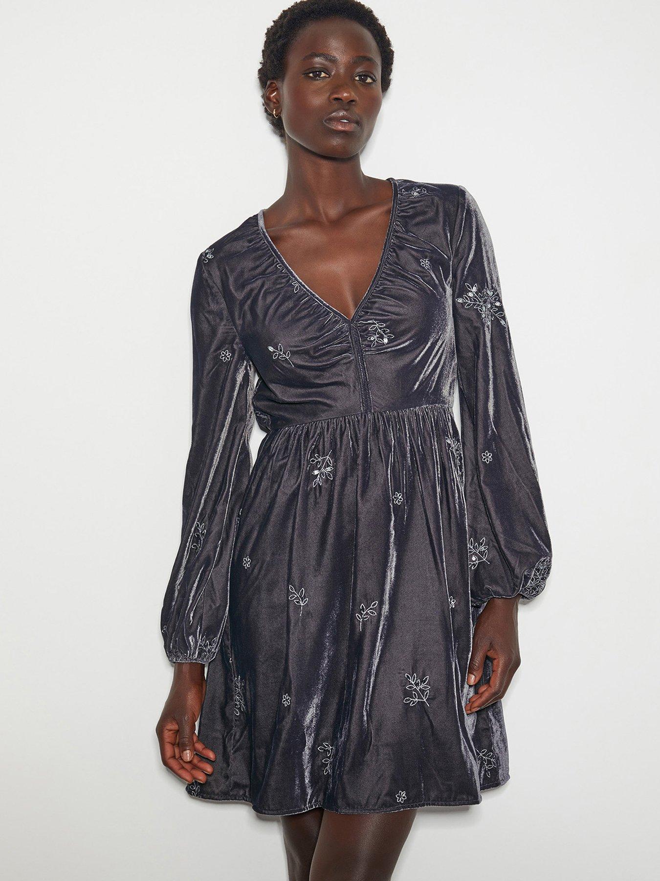 monsoon grey dress Georgia Embellished Midi Dress in Recycled Polyester Grey | Dresses