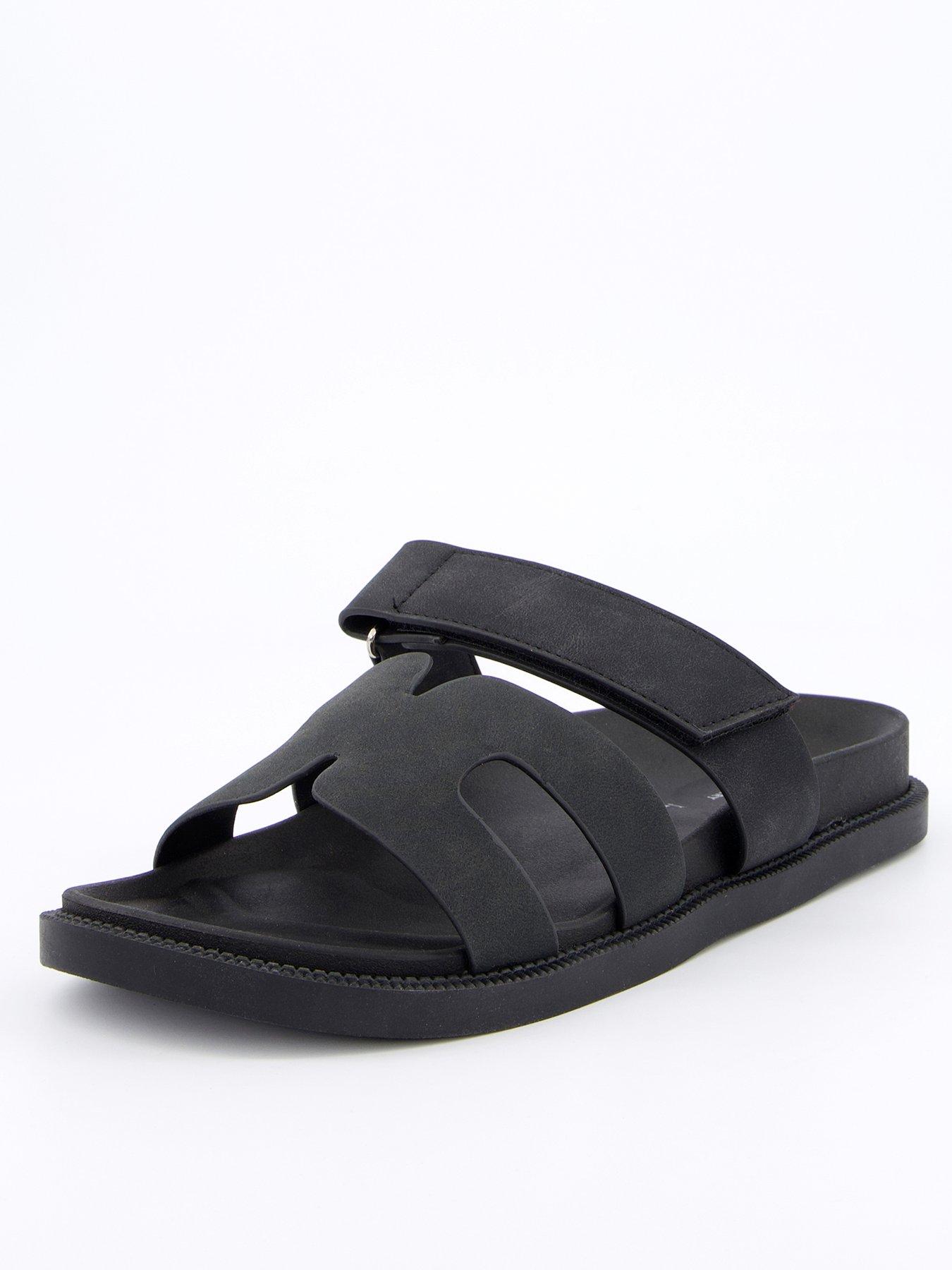 V by Very Velcro Strap Footbed Slider Sandal - Black