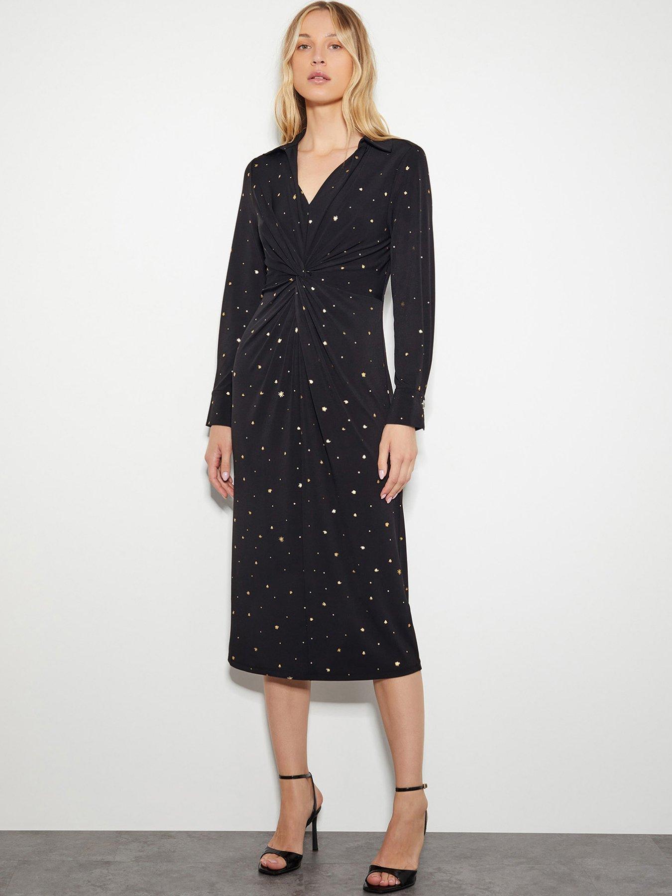 Image 1 of 6 of Monsoon Deliliah Foil Jersey Dress - Black