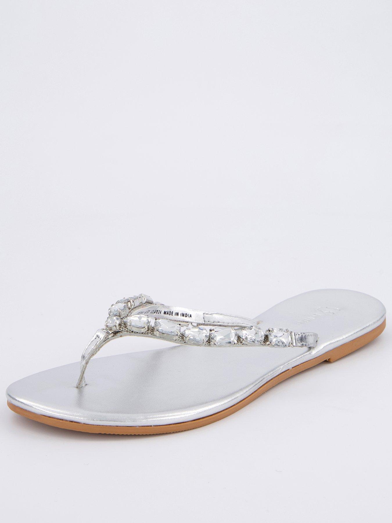 Image 1 of 6 of V by Very Embellished Toe Post Leather Sandals - Silver