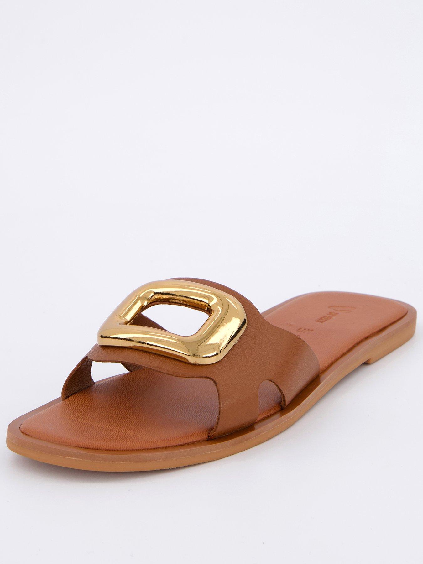 undefined Leather Eyelet Sliders - Tan