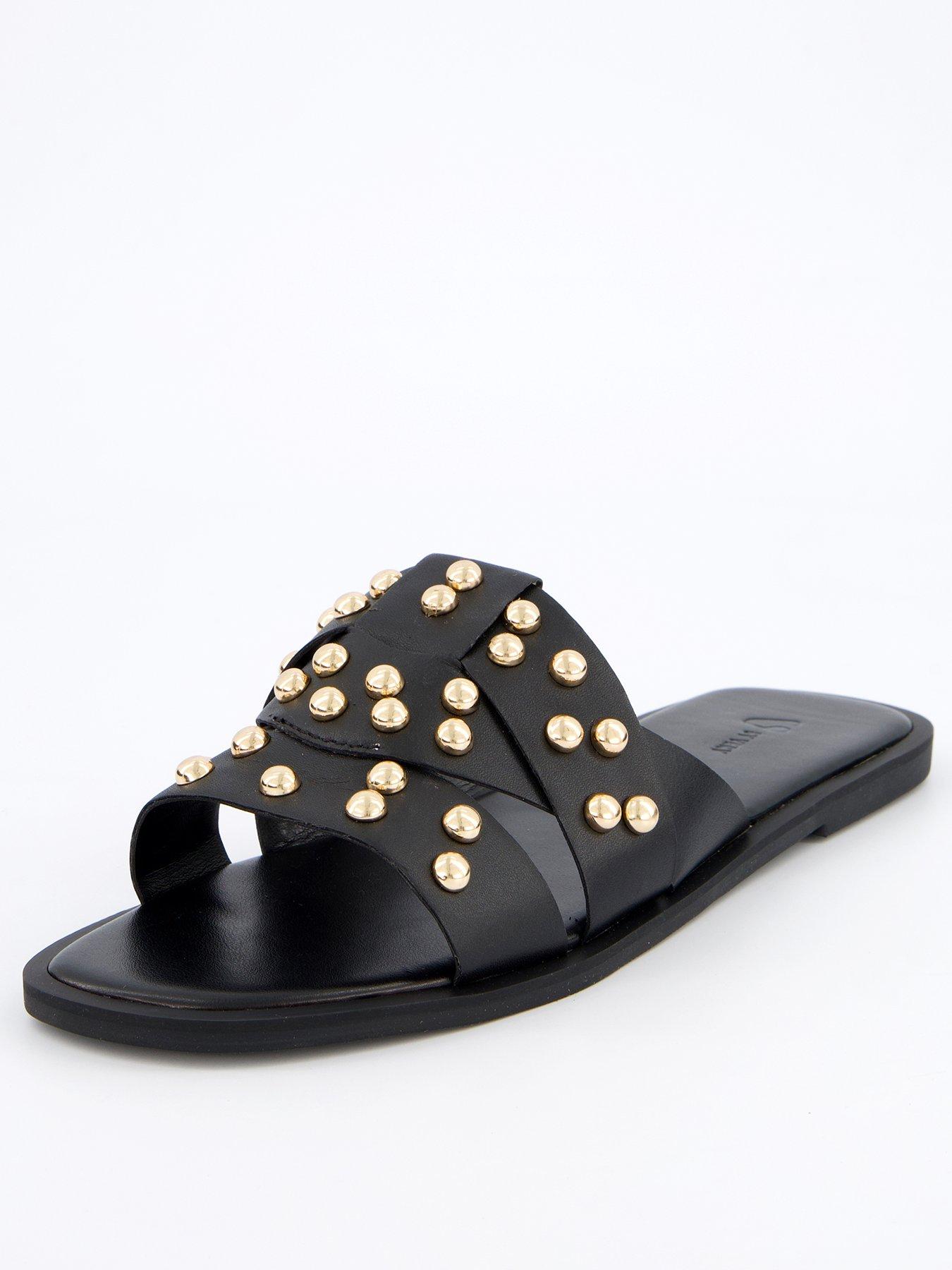 undefined Leather Studded Slider - Black/Gold