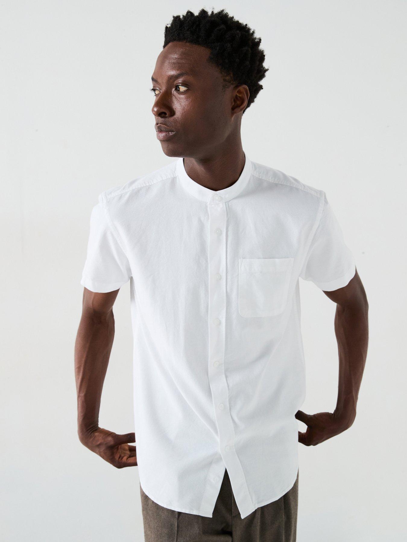 undefined Short Sleeve Grandad Collar Oxford Shirt - White