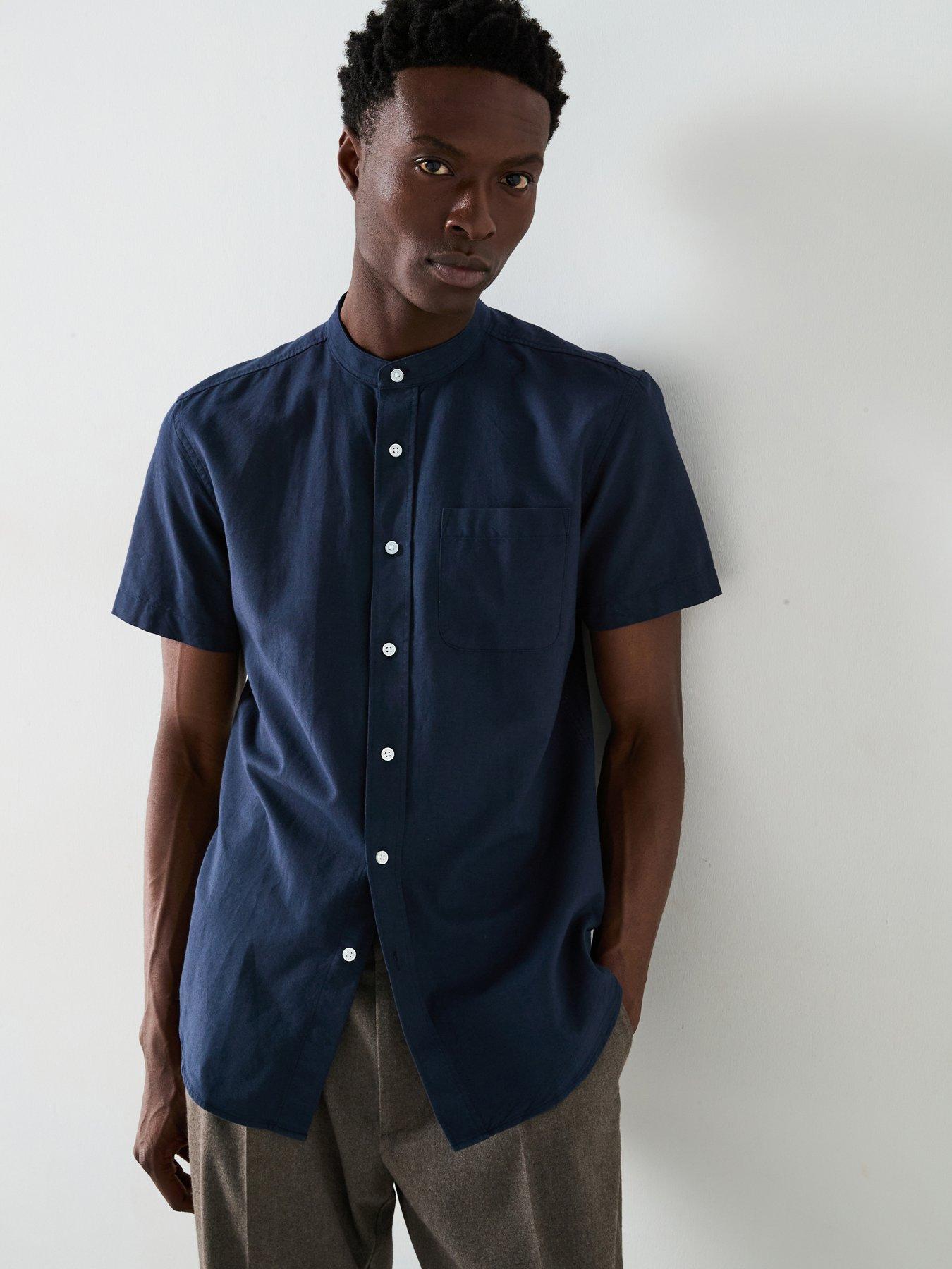 undefined Short Sleeve Grandad Collar Oxford Shirt - Navy