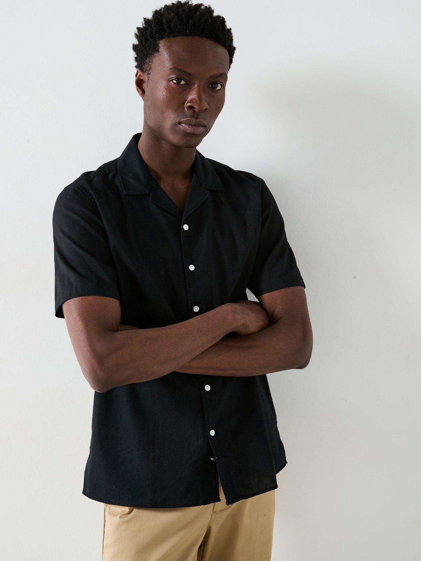 undefined Short Sleeve Revere Collar Linen Shirt - Black
