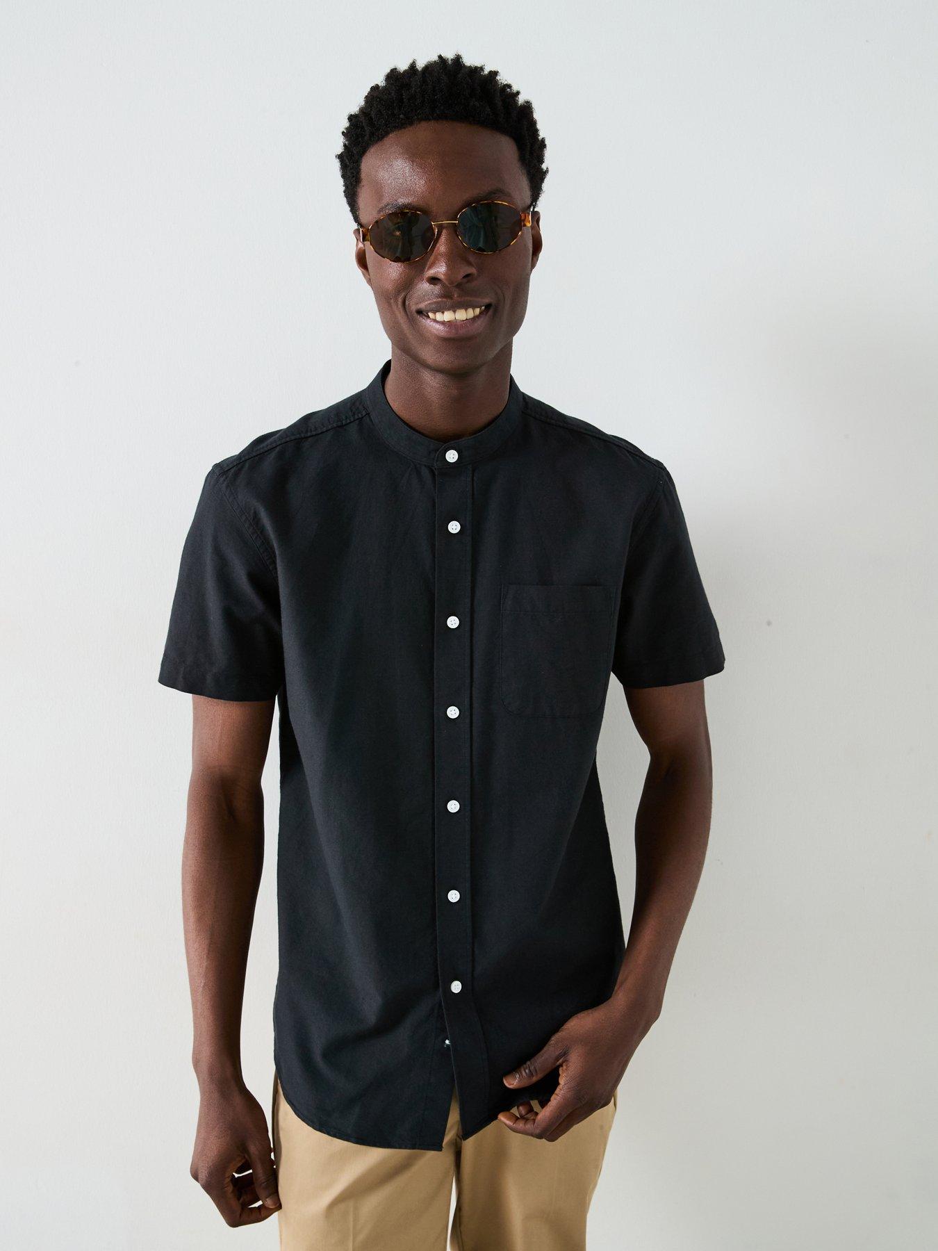undefined Short Sleeve Grandad Collar Oxford Shirt - Black