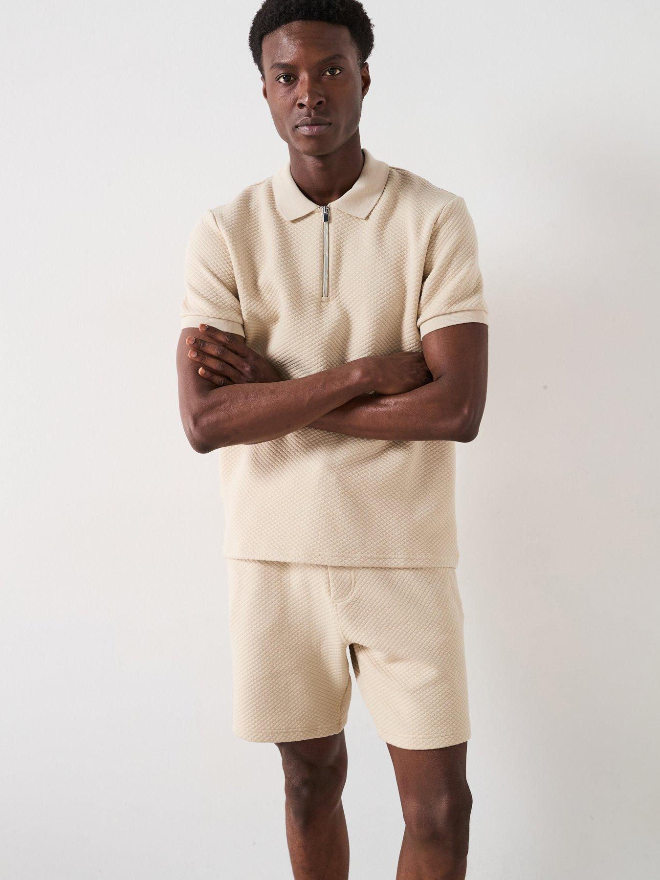 undefined Zip Neck Textured Polo Shirt - Stone