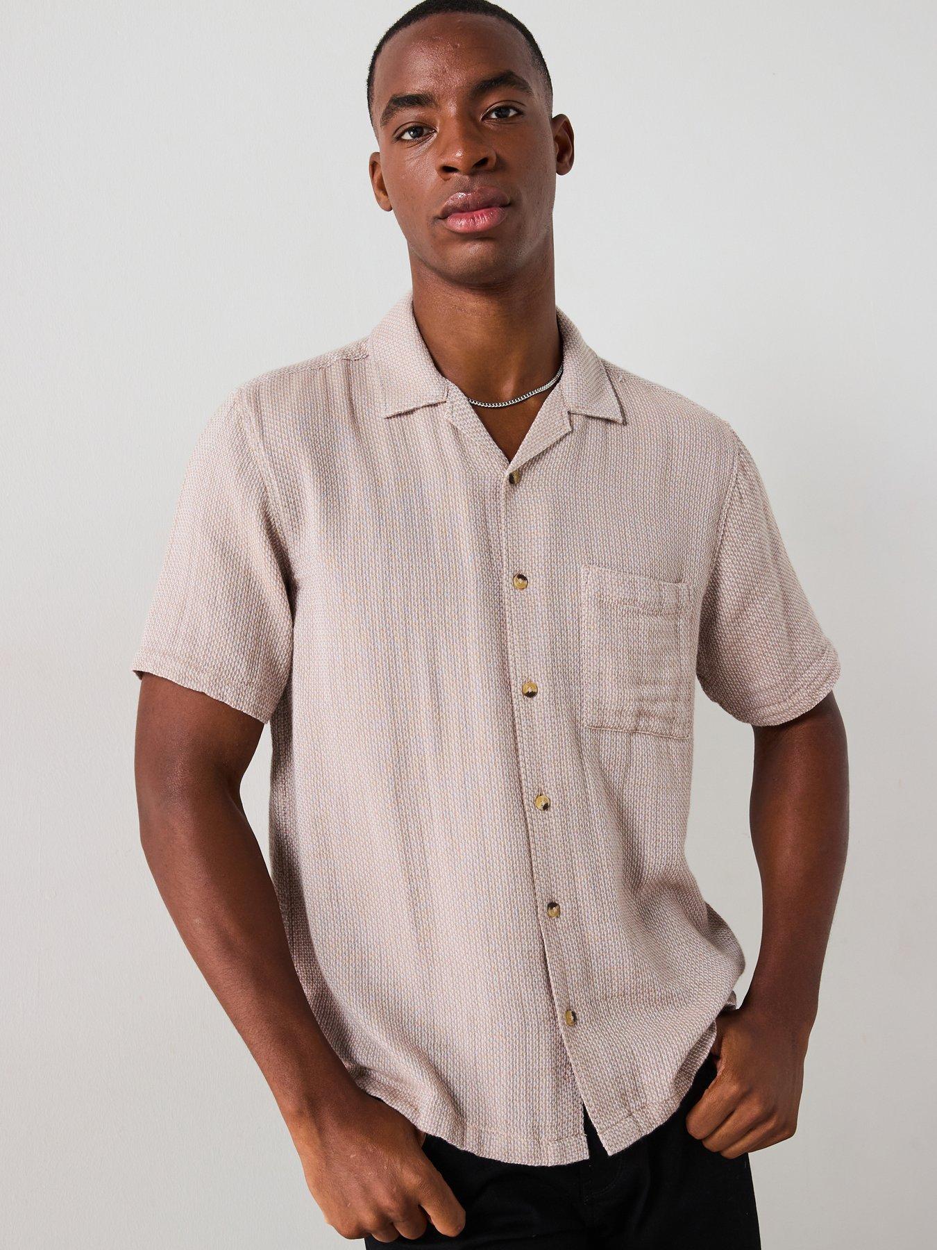 undefined Short Sleeve Revere Textured Cotton Shirt - Beige - Natural