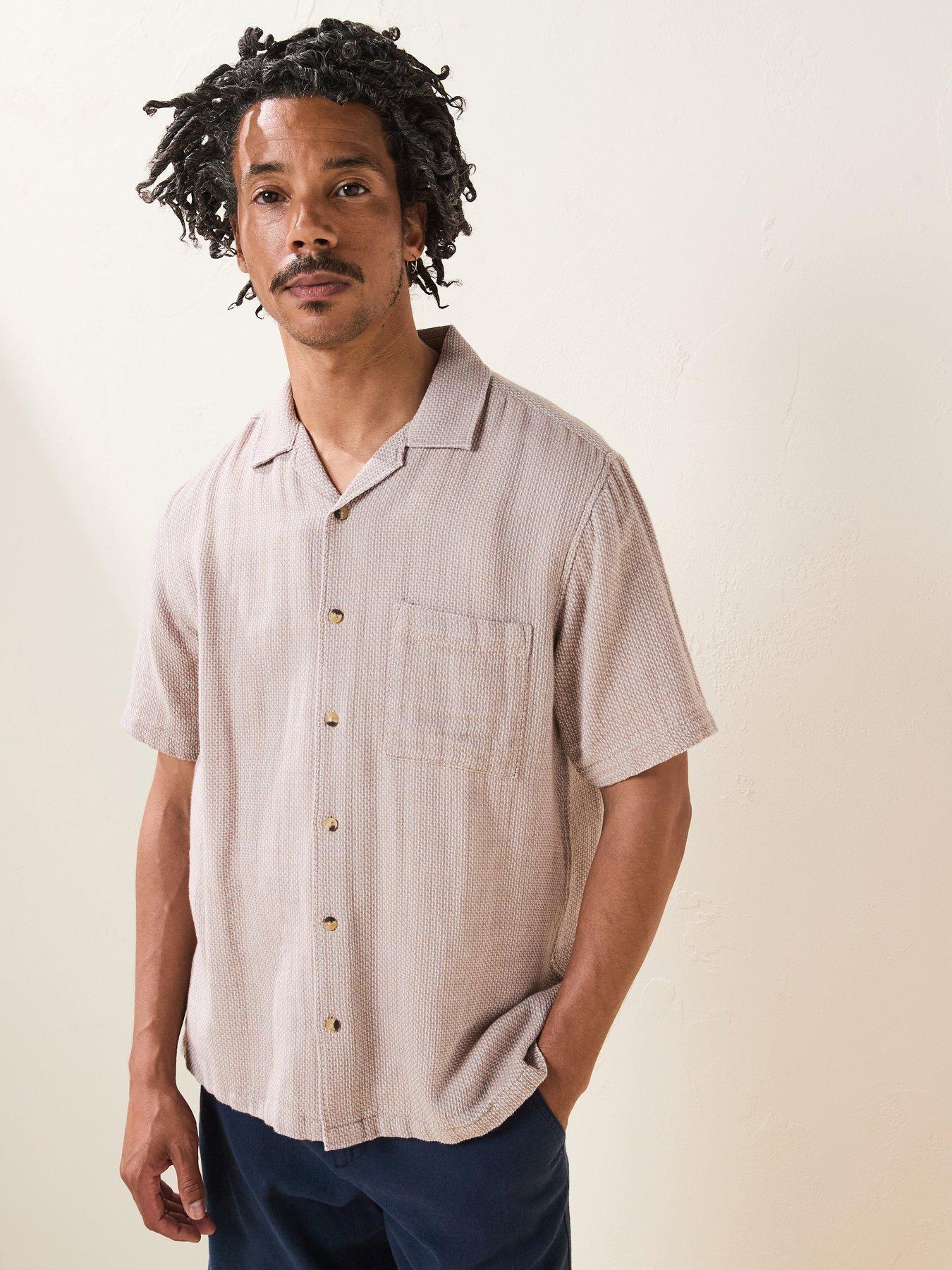 Very Man Short Sleeve Revere Textured Cotton Shirt - Beige - Natural