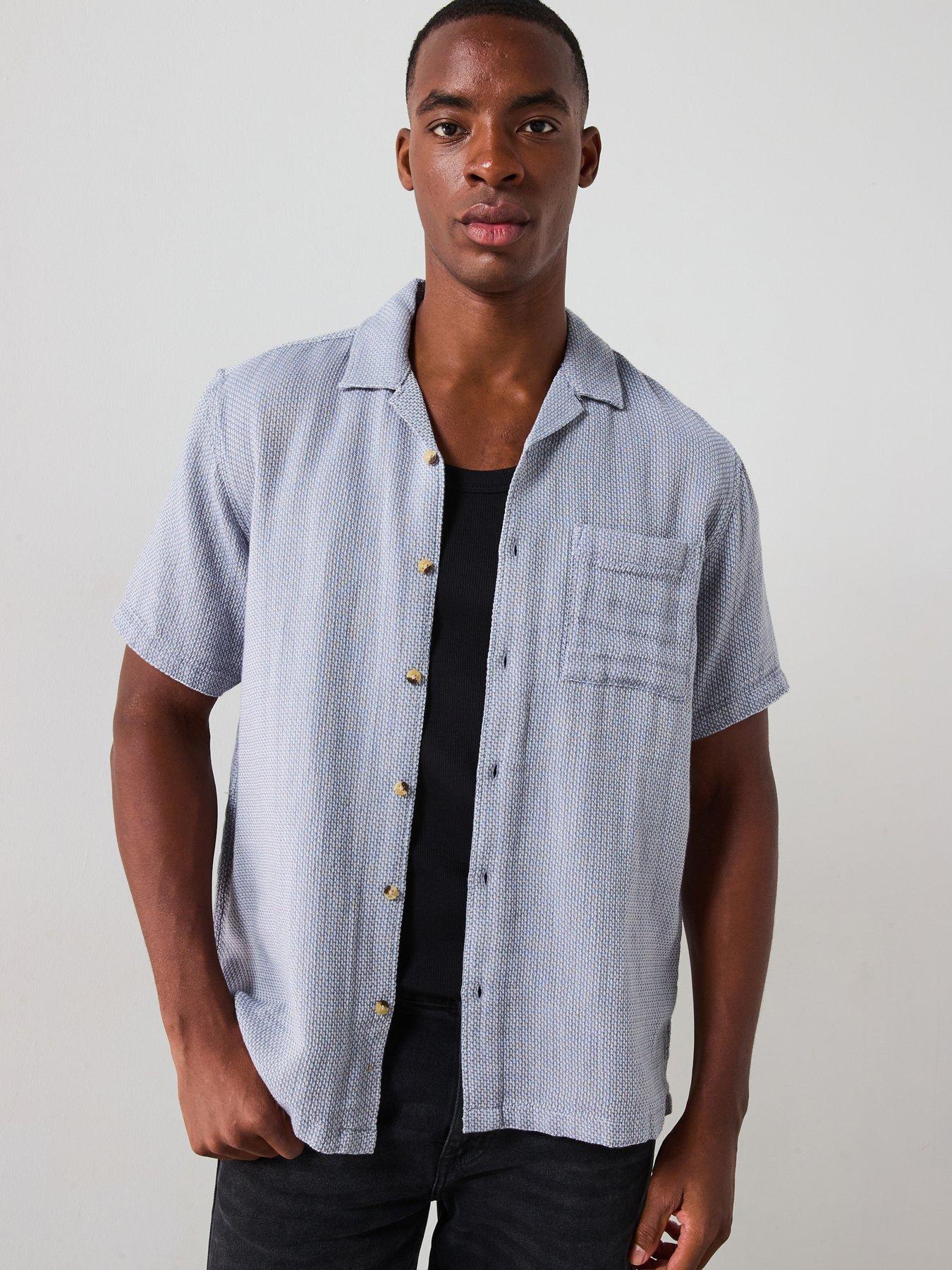 undefined Short Sleeve Revere Textured Cotton Shirt - Blue
