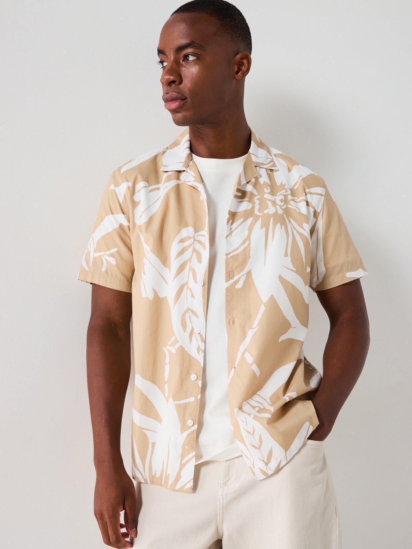 undefined Short Sleeve Revere Leaf Print Shirt - Cream