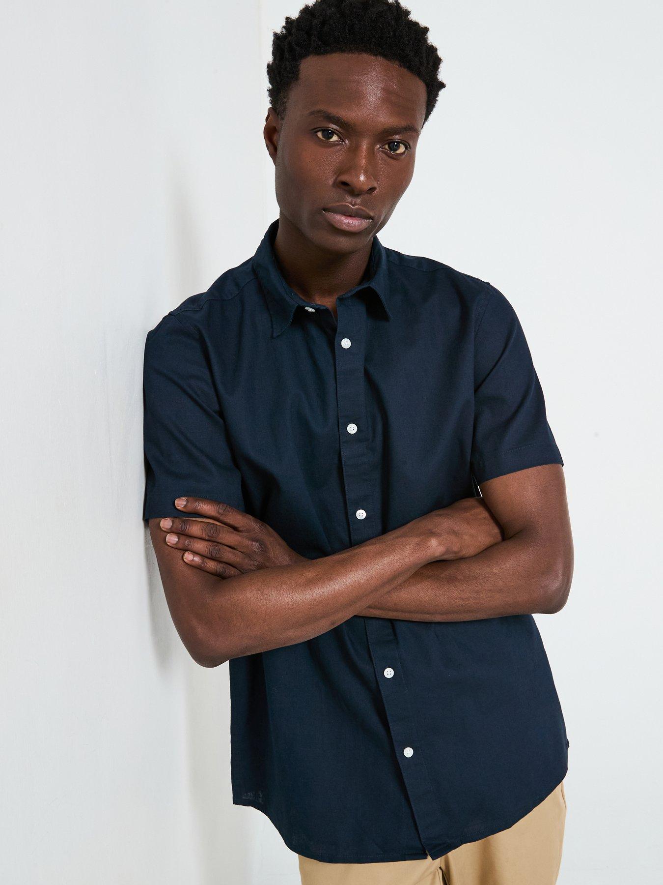 undefined Short Sleeve Standard Collar Linen Shirt - Navy