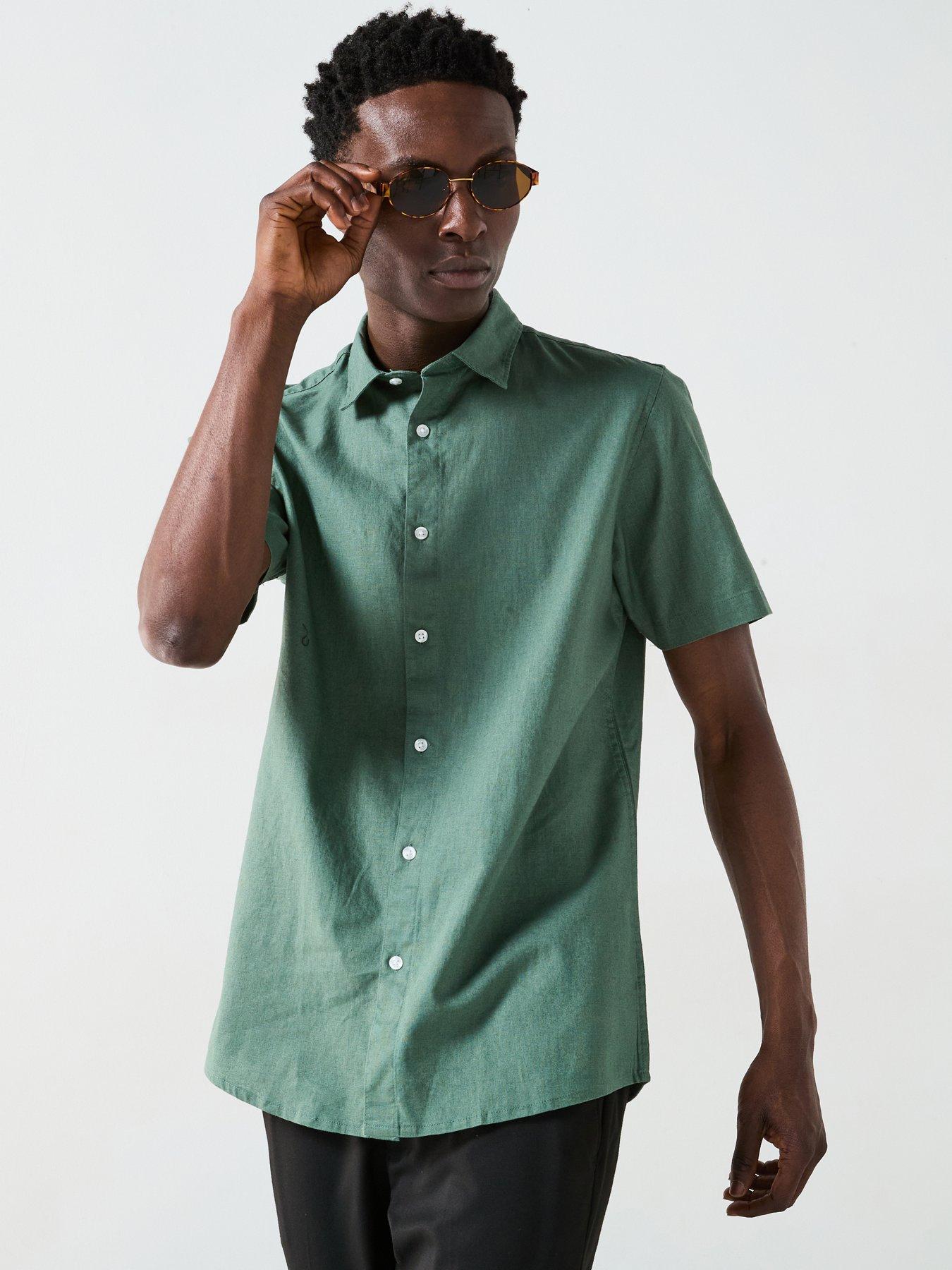 undefined Short Sleeve Standard Collar Linen Shirt - Khaki