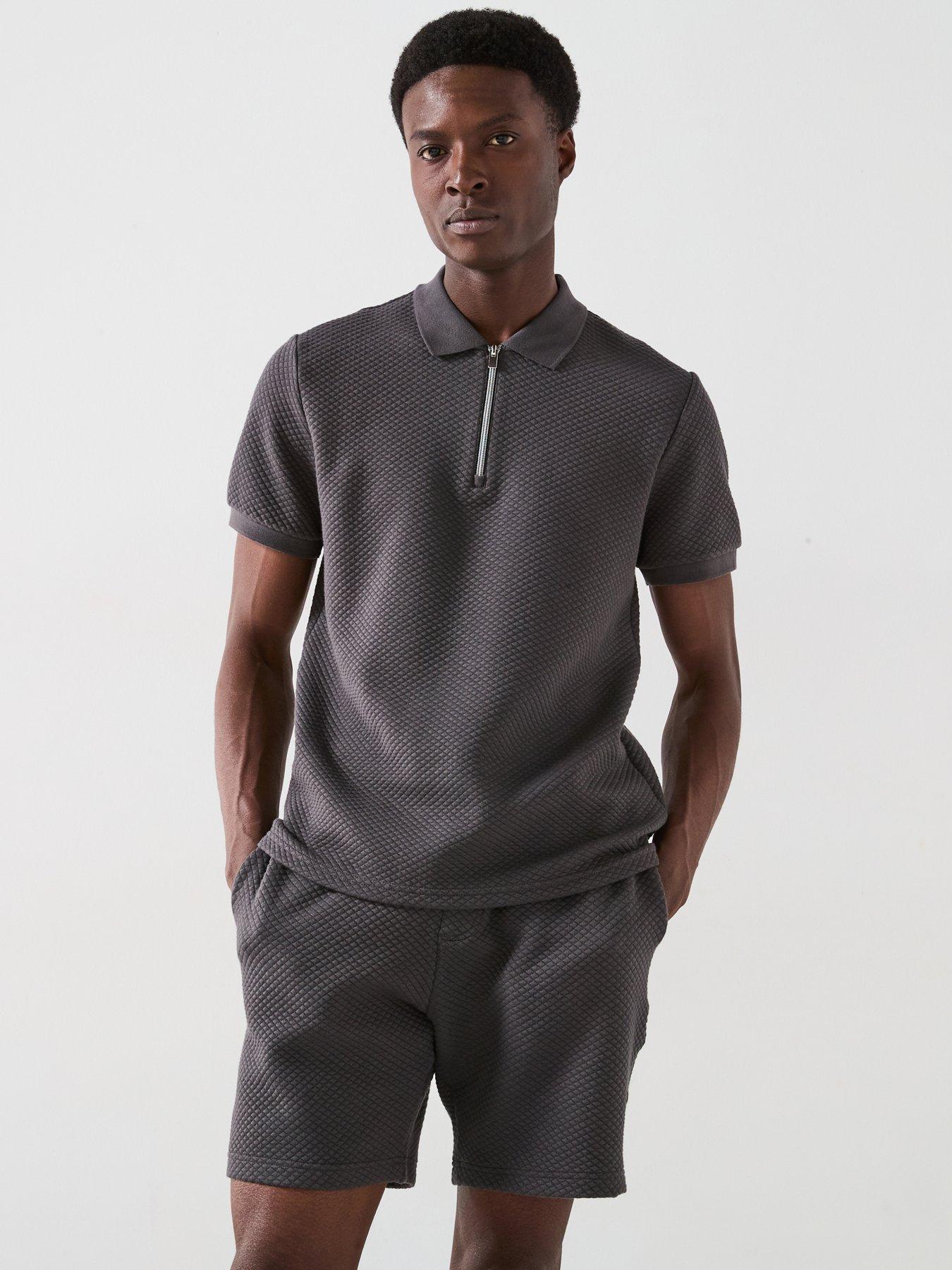undefined Zip Neck Textured Polo - Charcoal - Grey